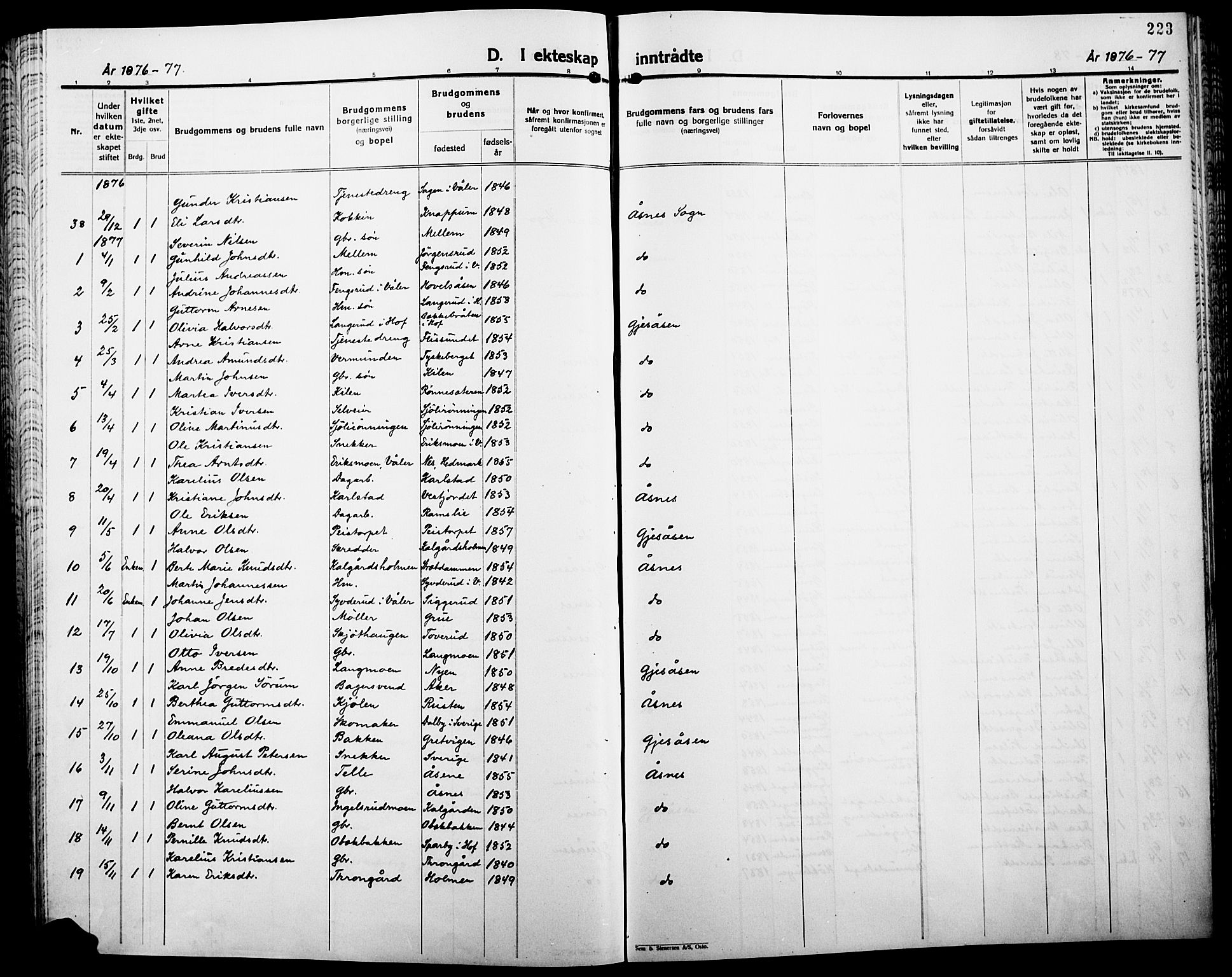 Åsnes prestekontor, AV/SAH-PREST-042/H/Ha/Haa/L0000B: Parish register (official), 1870-1889, p. 223