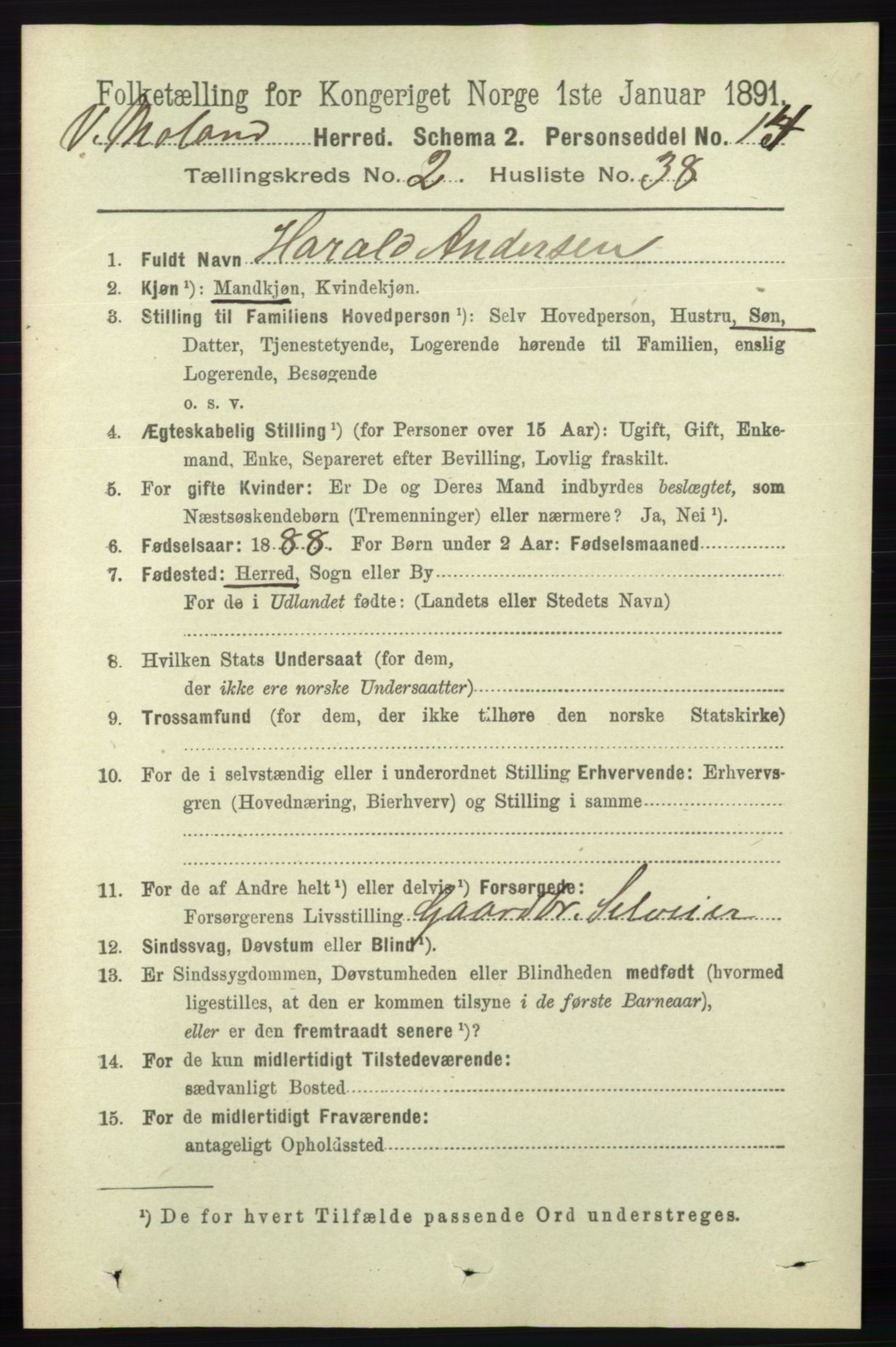 RA, 1891 census for 0926 Vestre Moland, 1891, p. 821