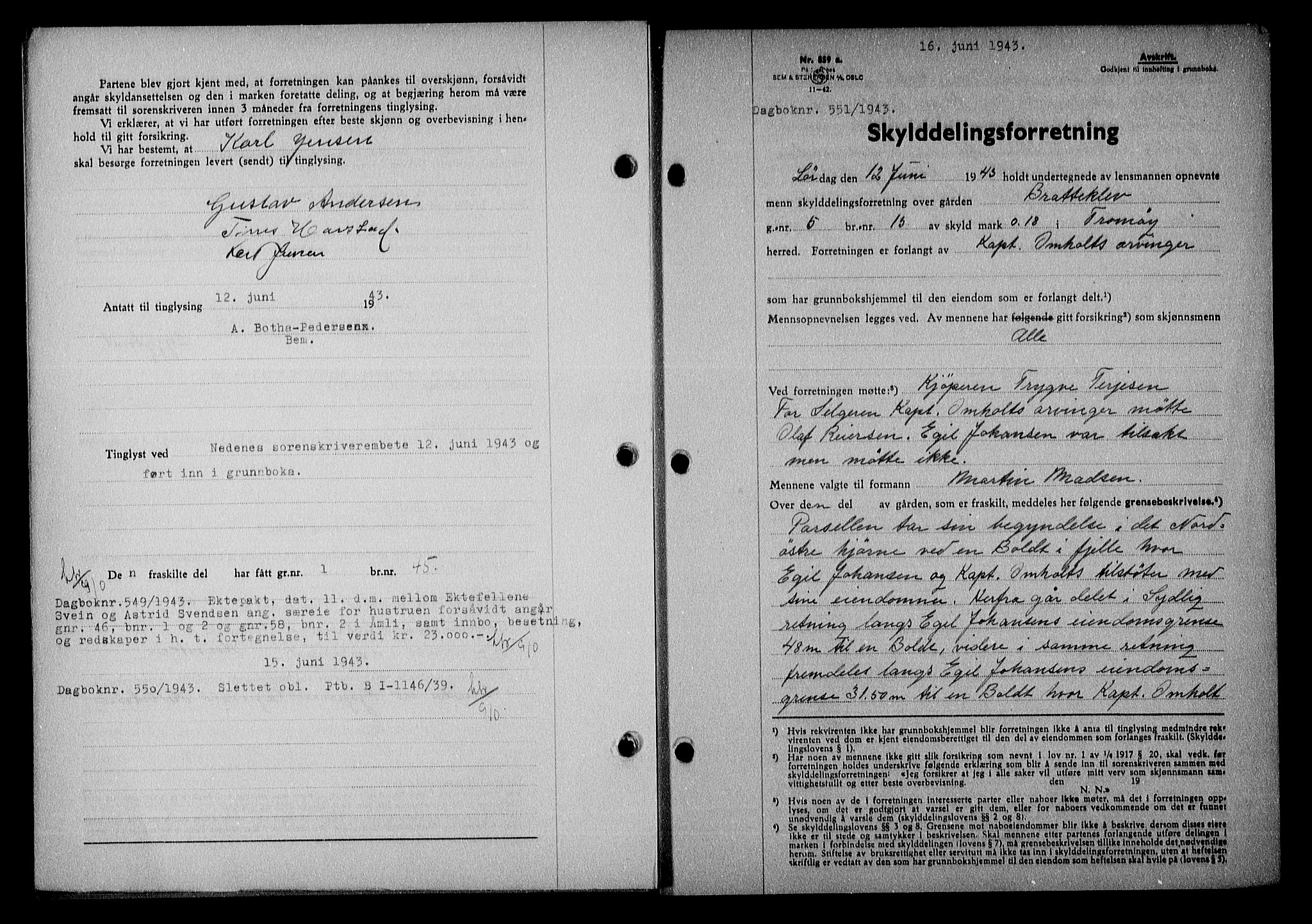 Nedenes sorenskriveri, SAK/1221-0006/G/Gb/Gba/L0050: Mortgage book no. A-IV, 1942-1943, Diary no: : 551/1943