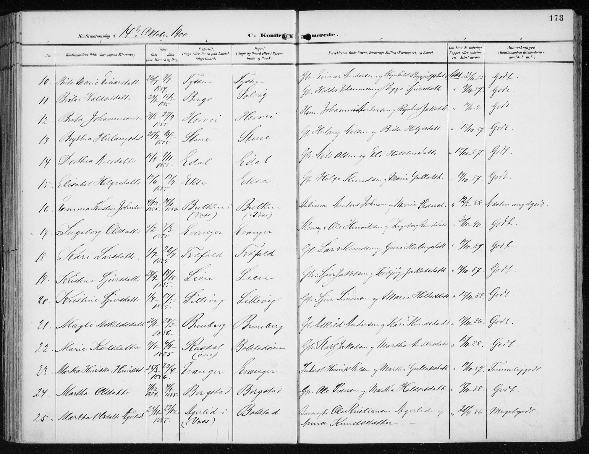 Evanger sokneprestembete, SAB/A-99924: Parish register (official) no. A  3, 1900-1930, p. 173