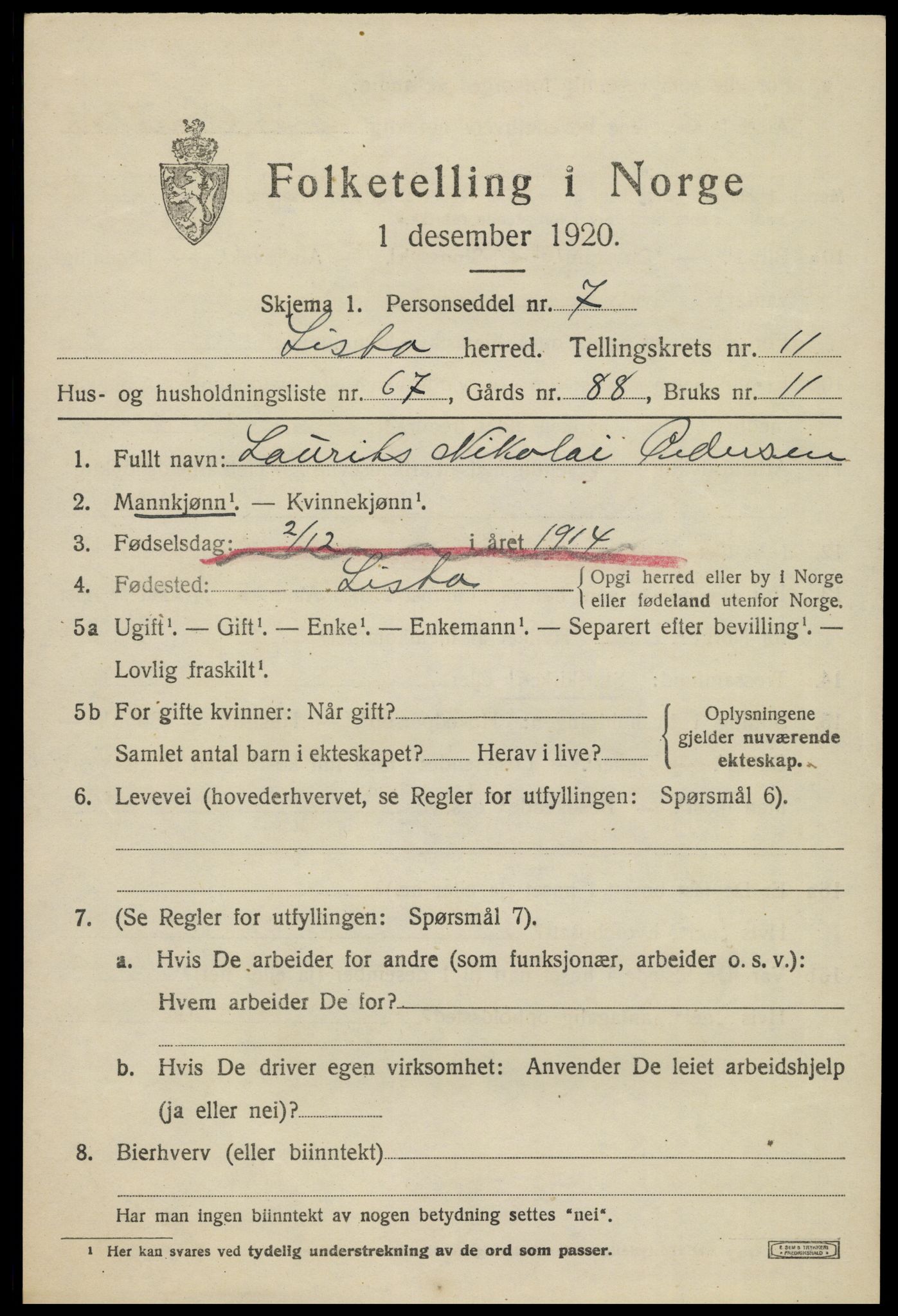 SAK, 1920 census for Lista, 1920, p. 11505