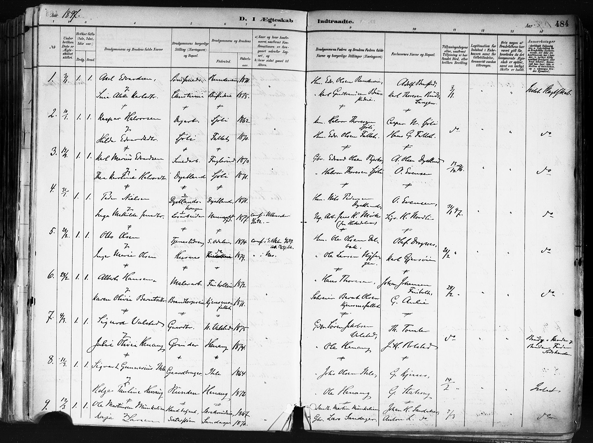 Nes prestekontor Kirkebøker, SAO/A-10410/F/Fa/L0010: Parish register (official) no. I 10, 1883-1898, p. 484