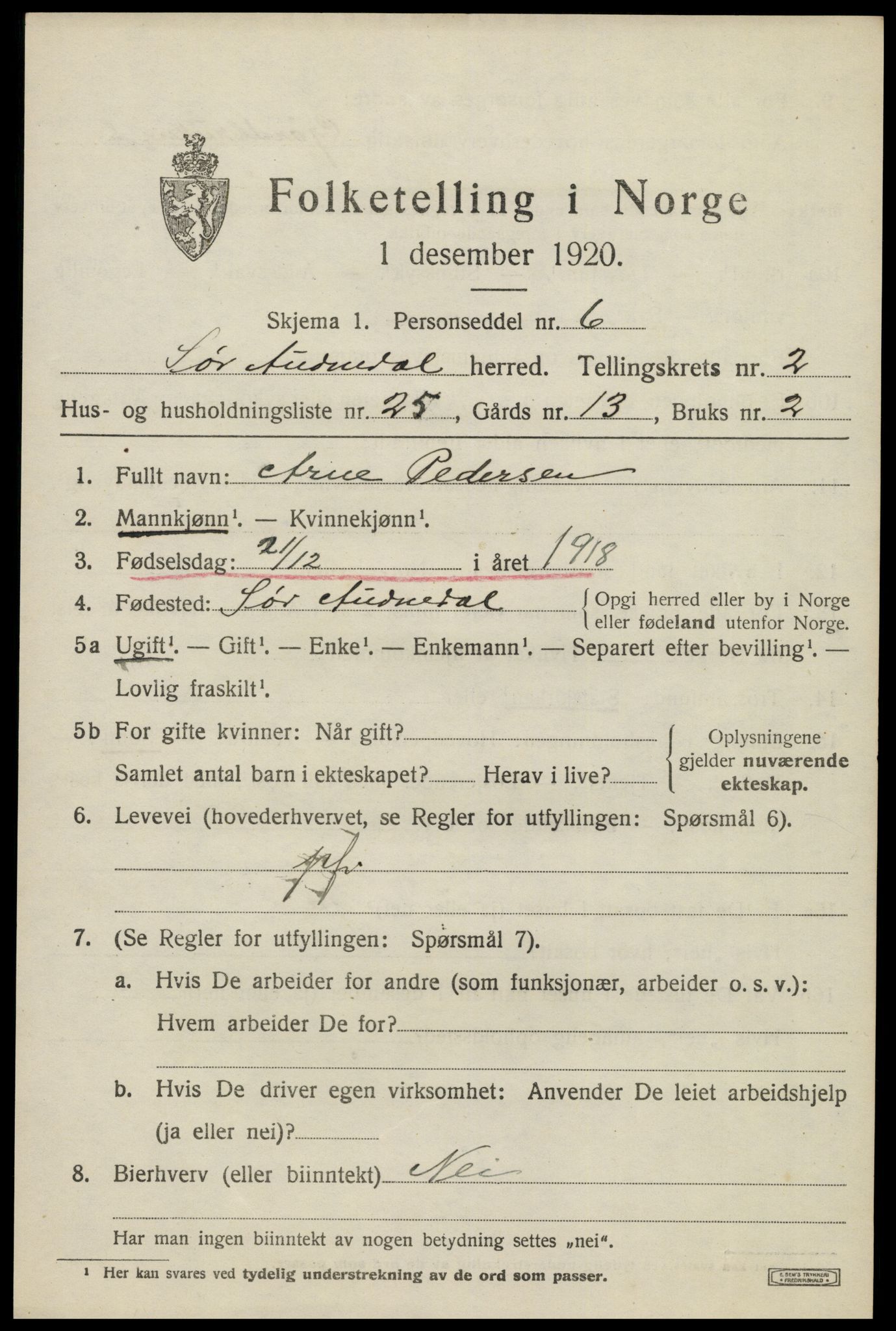 SAK, 1920 census for Sør-Audnedal, 1920, p. 1823