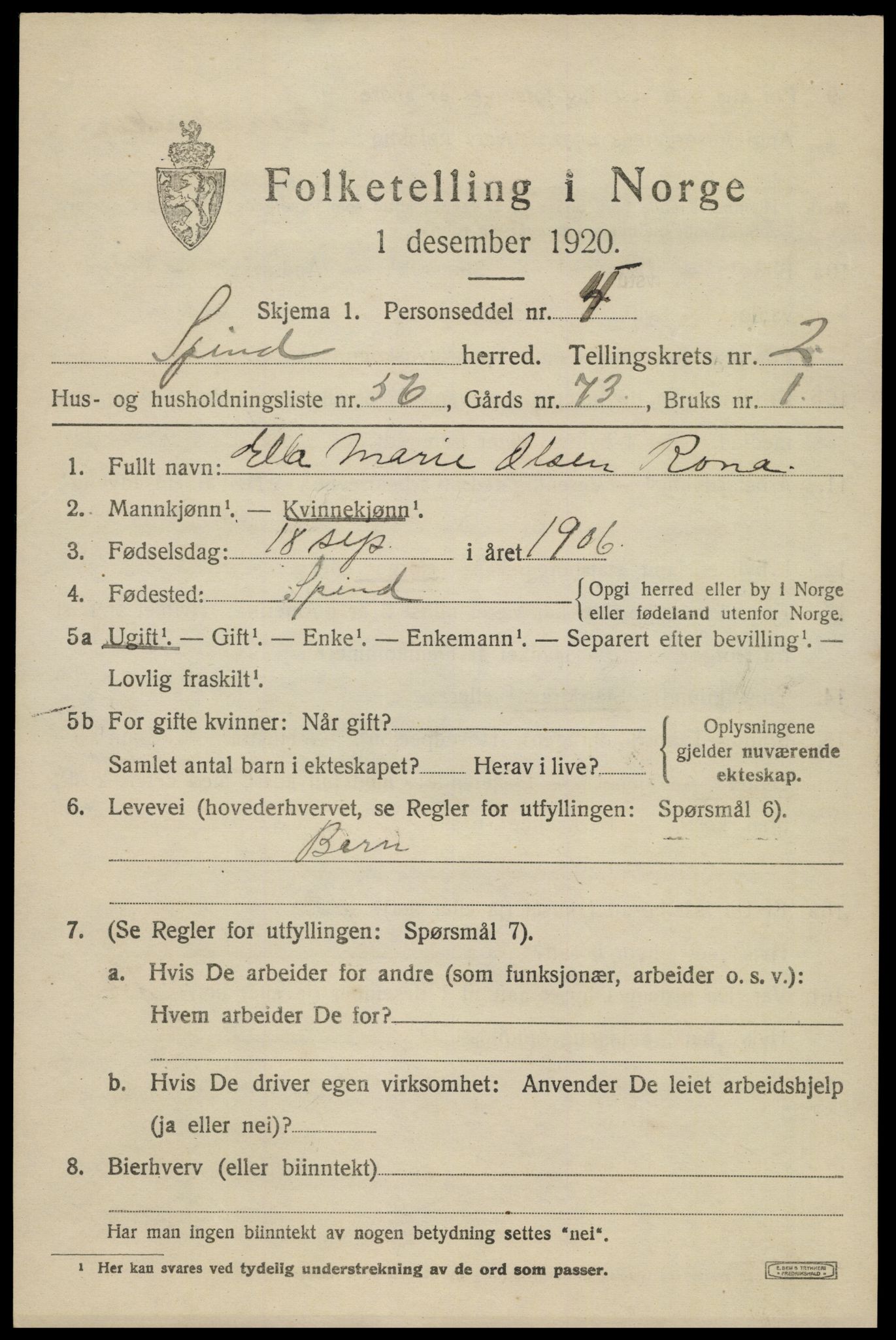 SAK, 1920 census for Spind, 1920, p. 1589