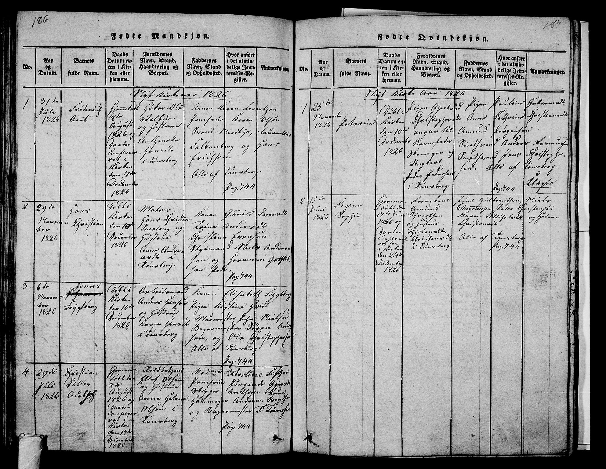 Tønsberg kirkebøker, SAKO/A-330/G/Ga/L0001: Parish register (copy) no. 1, 1813-1826, p. 186-187