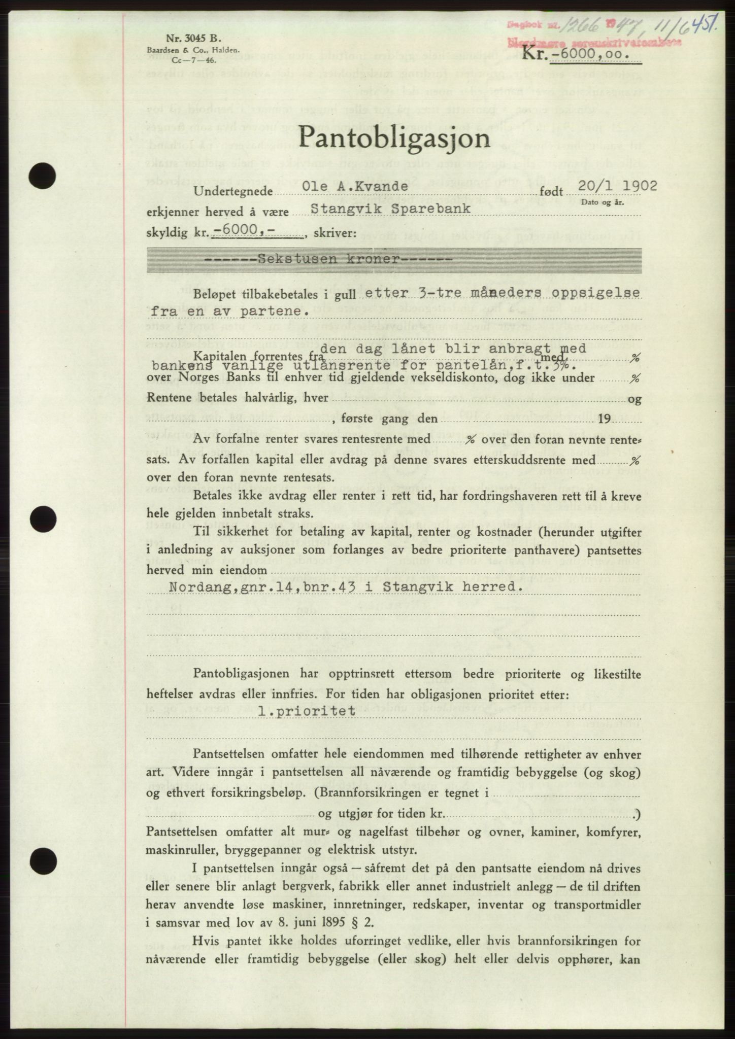 Nordmøre sorenskriveri, AV/SAT-A-4132/1/2/2Ca: Mortgage book no. B96, 1947-1947, Diary no: : 1266/1947