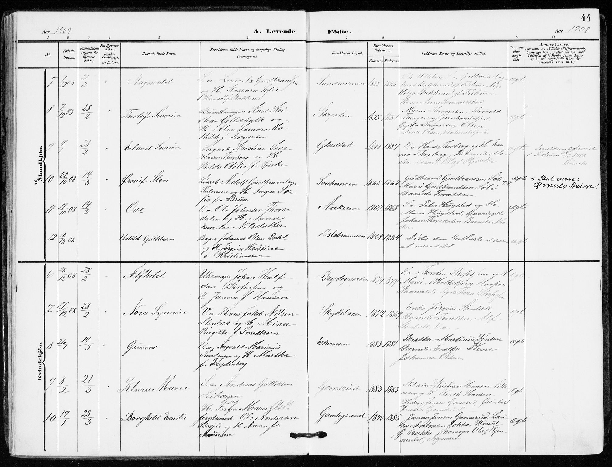 Kongsberg kirkebøker, AV/SAKO-A-22/F/Fb/L0004: Parish register (official) no. II 4, 1906-1918, p. 44