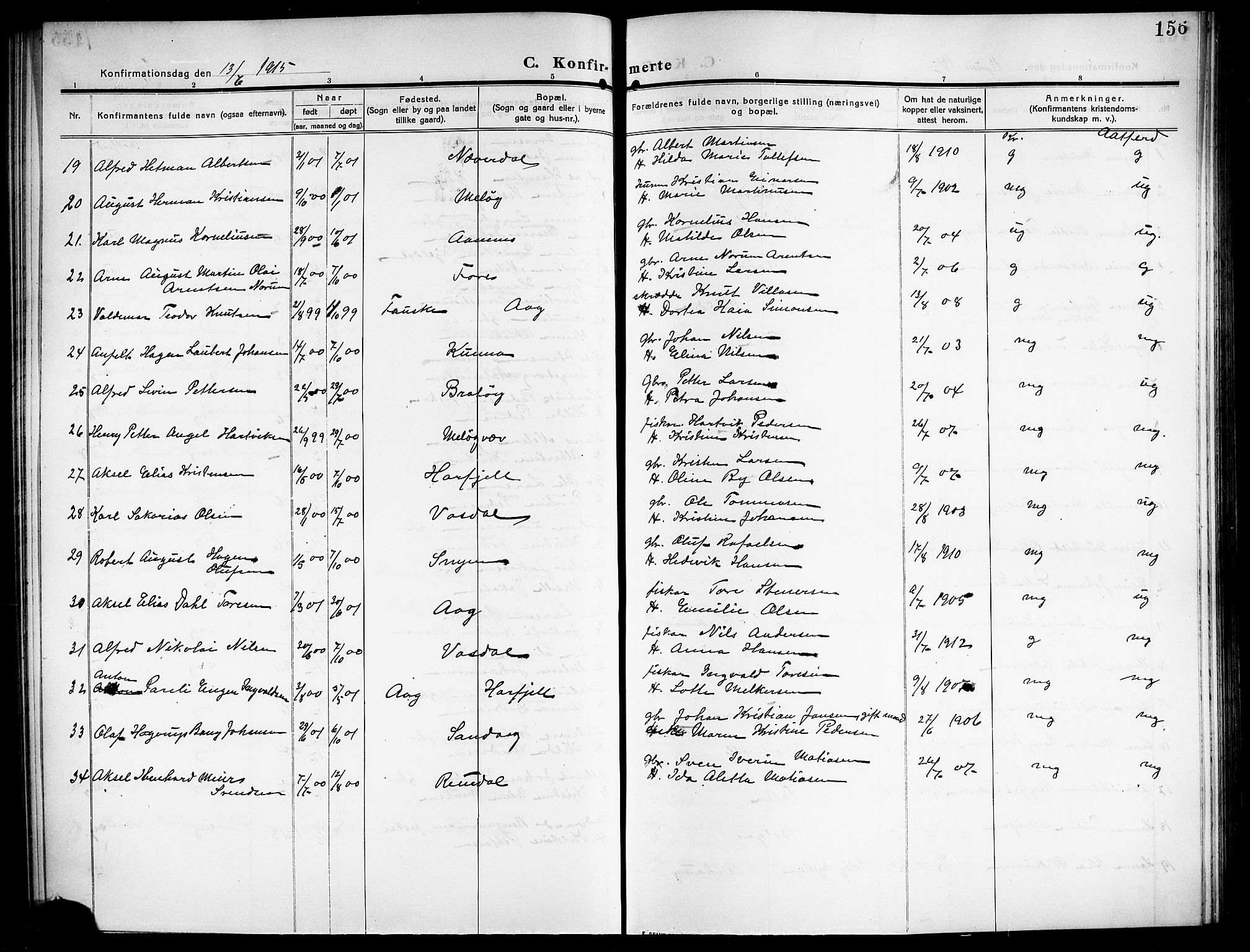 Ministerialprotokoller, klokkerbøker og fødselsregistre - Nordland, SAT/A-1459/843/L0639: Parish register (copy) no. 843C08, 1908-1924, p. 156