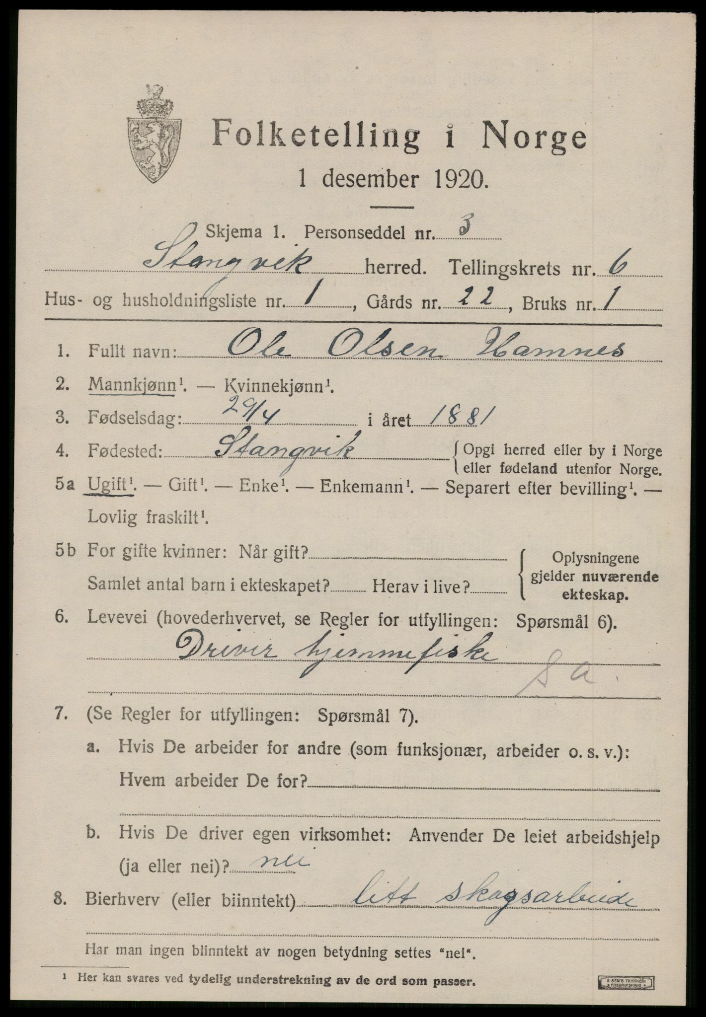 SAT, 1920 census for Stangvik, 1920, p. 3828