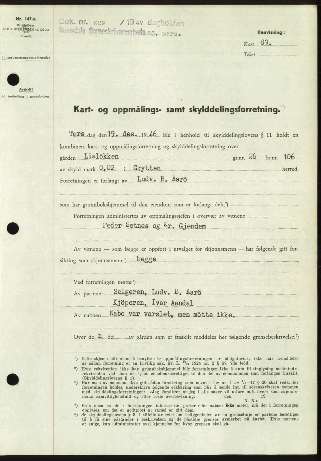 Romsdal sorenskriveri, AV/SAT-A-4149/1/2/2C: Mortgage book no. A22, 1947-1947, Diary no: : 629/1947