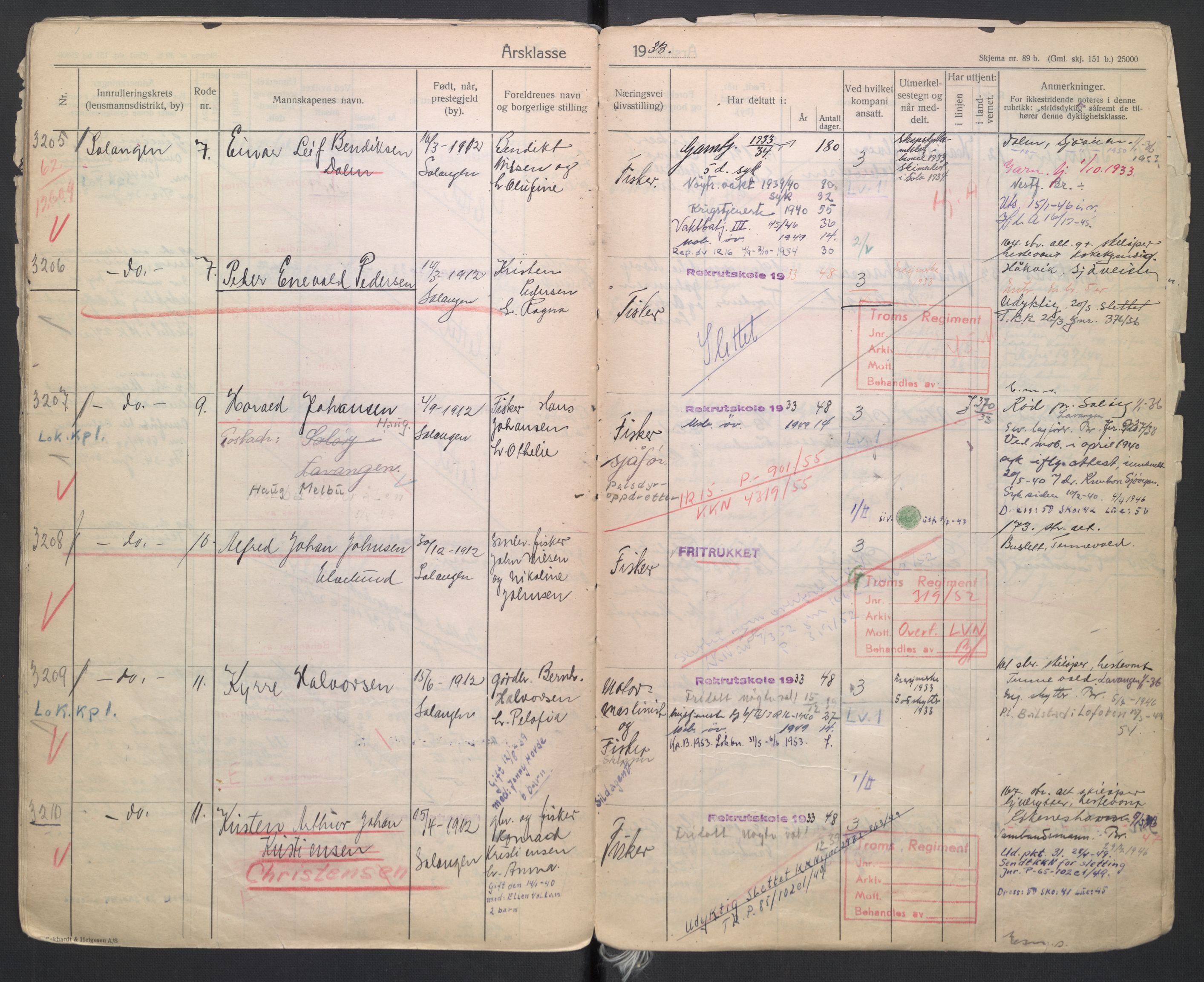 Forsvaret, Troms infanteriregiment nr. 16, AV/RA-RAFA-3146/P/Pa/L0006/0004: Ruller / Rulle for Trondenes bataljons menige mannskaper, årsklasse 1933, 1933