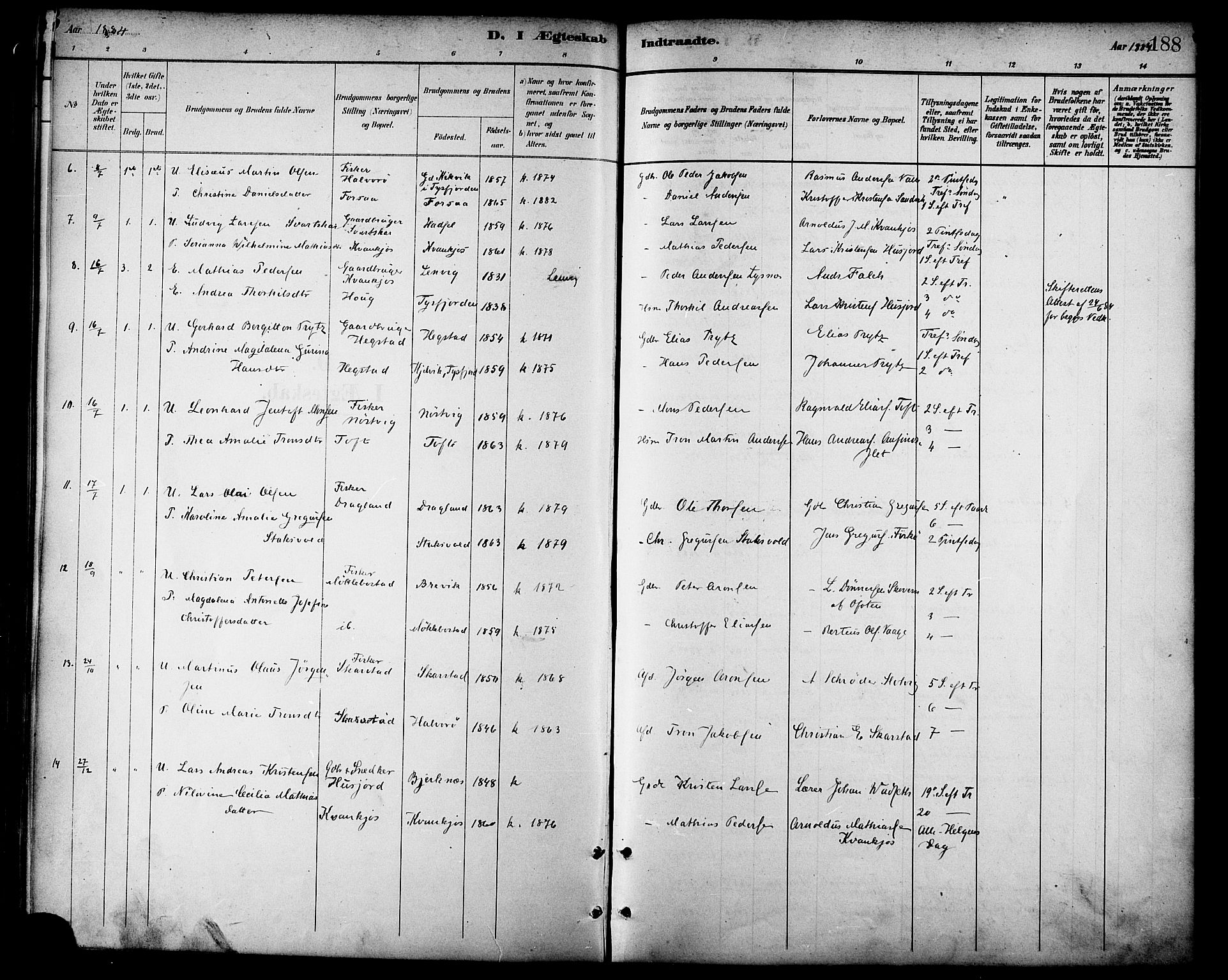 Ministerialprotokoller, klokkerbøker og fødselsregistre - Nordland, SAT/A-1459/872/L1035: Parish register (official) no. 872A10, 1884-1896, p. 188