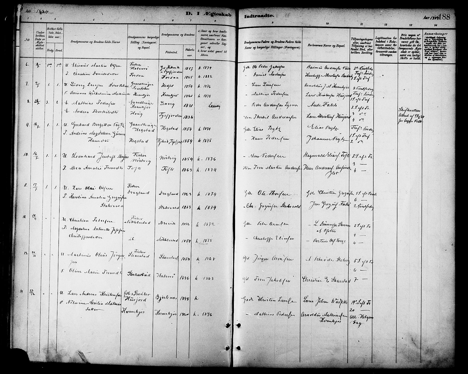 Ministerialprotokoller, klokkerbøker og fødselsregistre - Nordland, AV/SAT-A-1459/872/L1035: Parish register (official) no. 872A10, 1884-1896, p. 188