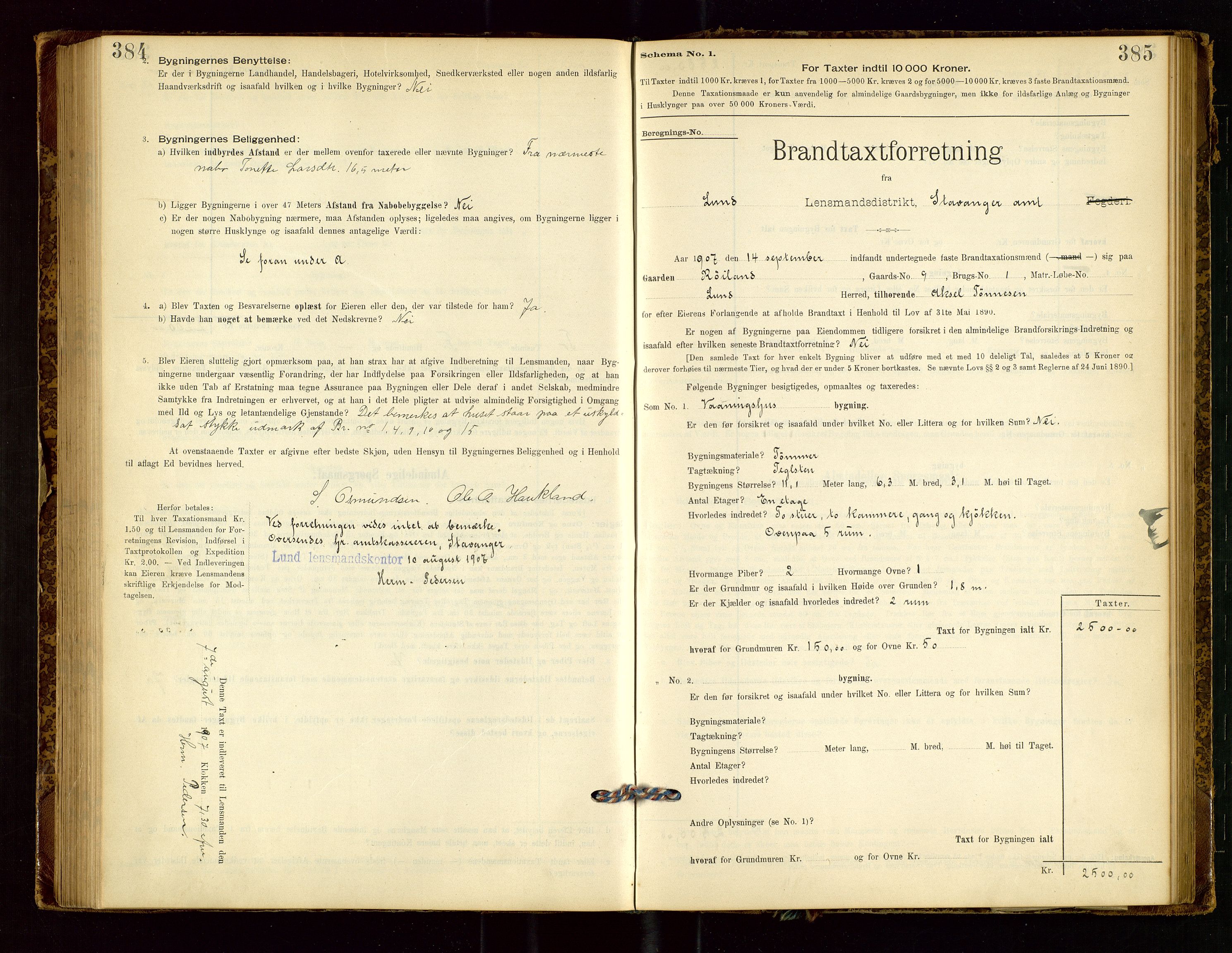 Lund lensmannskontor, AV/SAST-A-100303/Gob/L0001: "Brandtakstprotokol", 1894-1907, p. 384-385