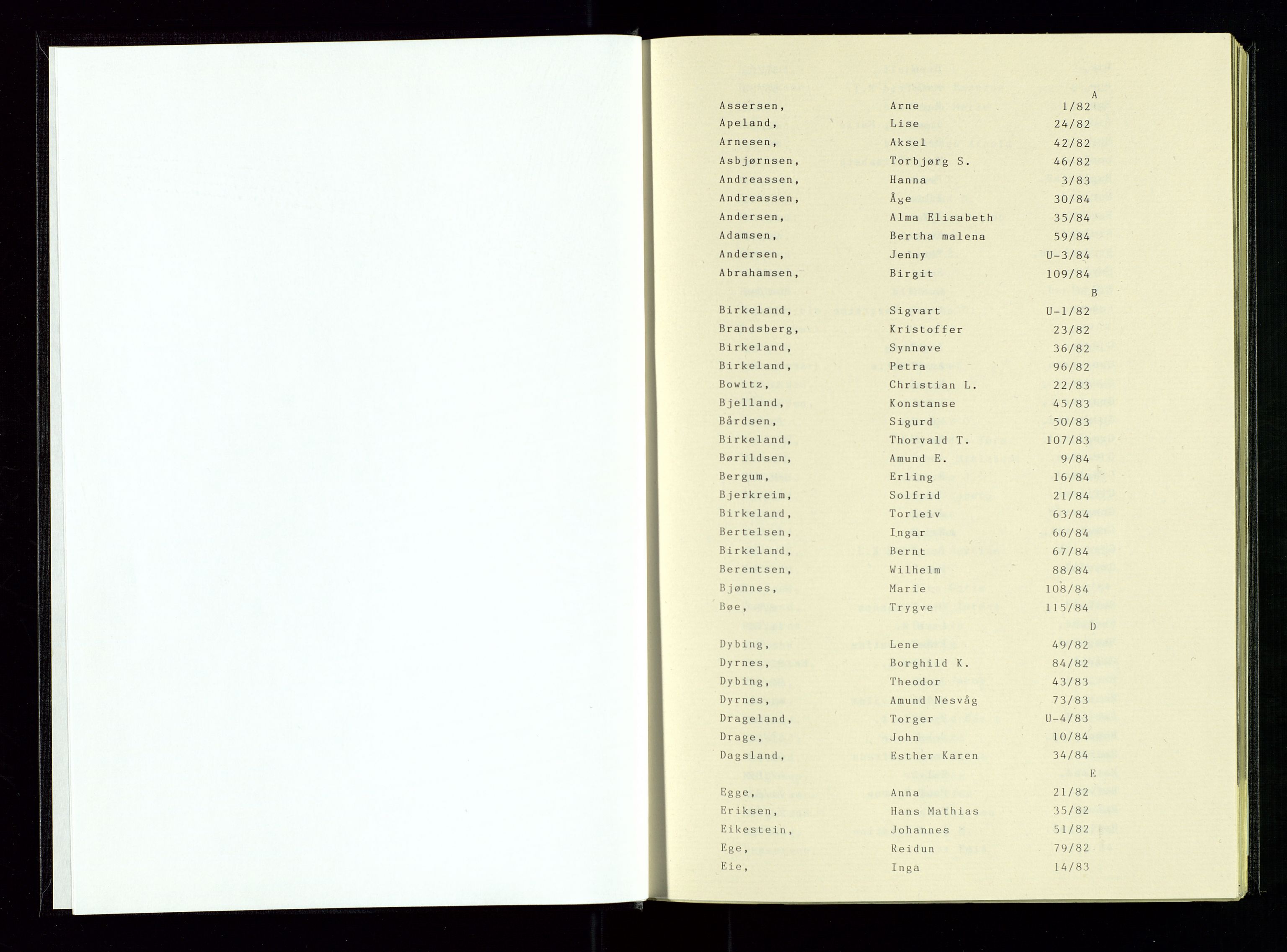 Eigersund lensmannskontor, SAST/A-100171/Gga/L0026: "Lensmannens dødsfallsprotokoll" m/alfabetisk navneregister, 1982-1984