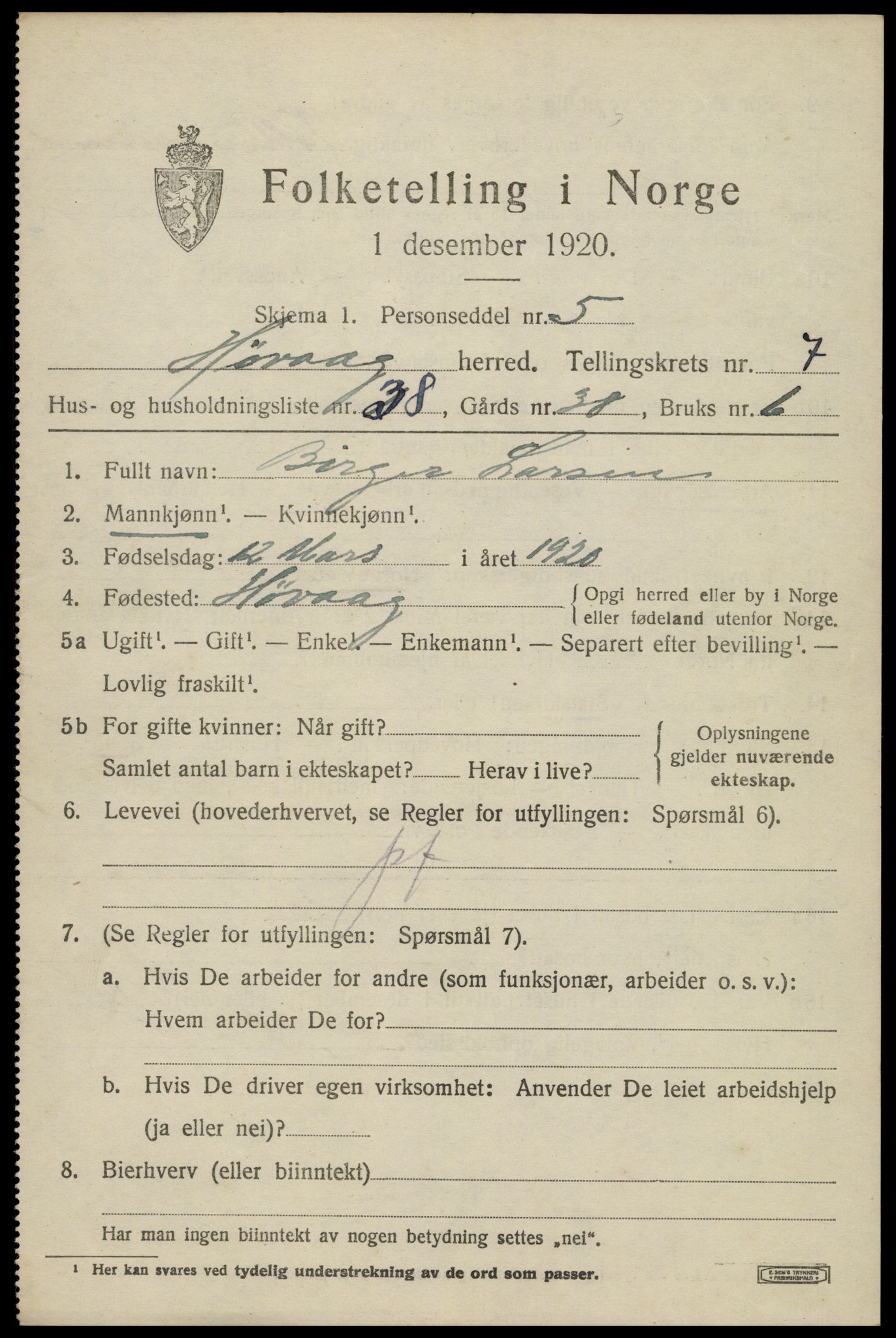 SAK, 1920 census for Høvåg, 1920, p. 4132