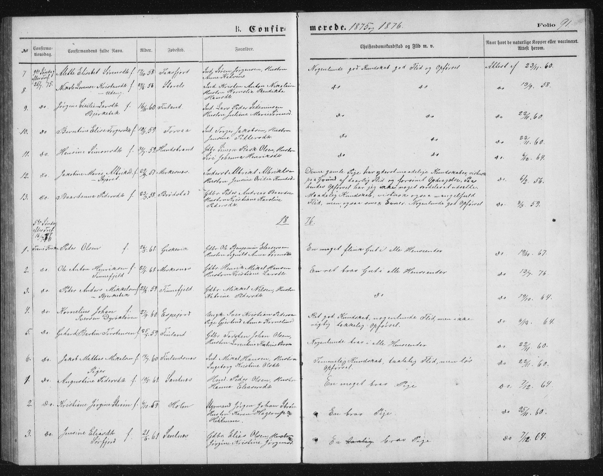 Tranøy sokneprestkontor, SATØ/S-1313/I/Ia/Iab/L0013klokker: Parish register (copy) no. 13, 1874-1896, p. 91