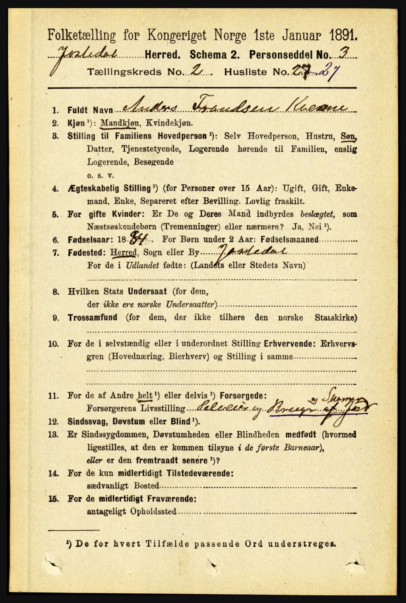 RA, 1891 census for 1427 Jostedal, 1891, p. 710