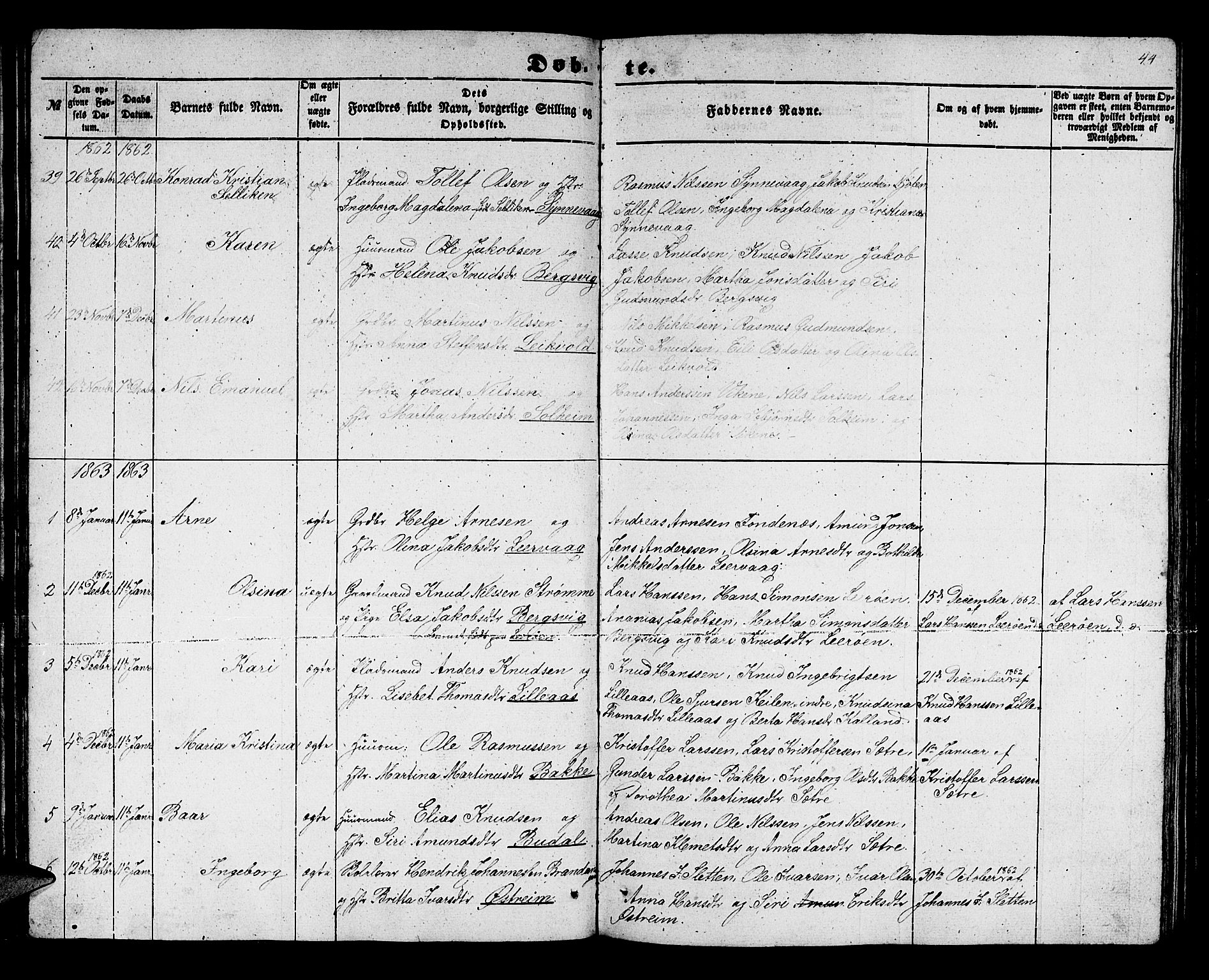 Lindås Sokneprestembete, SAB/A-76701/H/Hab: Parish register (copy) no. C 1, 1853-1867, p. 44