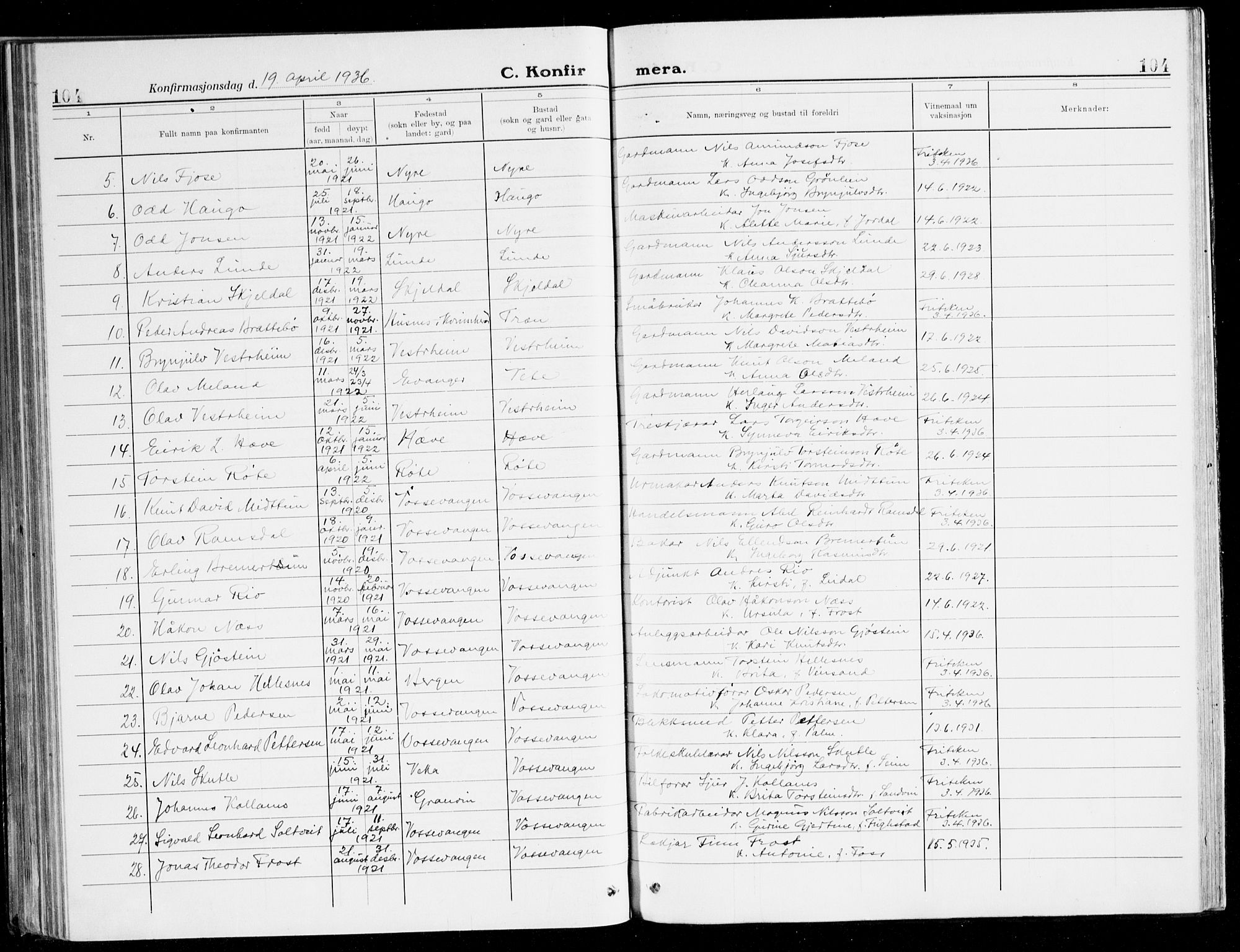 Voss sokneprestembete, AV/SAB-A-79001/H/Haa: Parish register (official) no. B 3, 1922-1942, p. 104