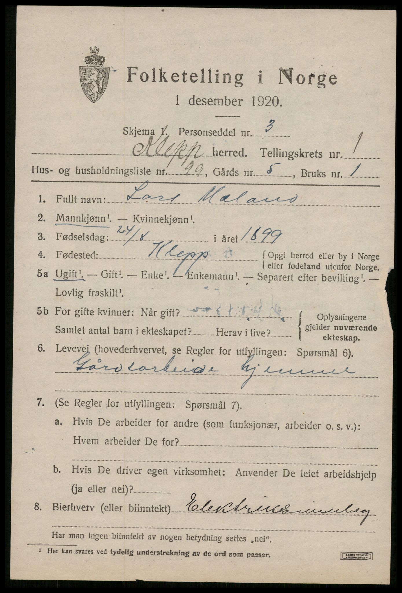 SAST, 1920 census for Klepp, 1920, p. 2576