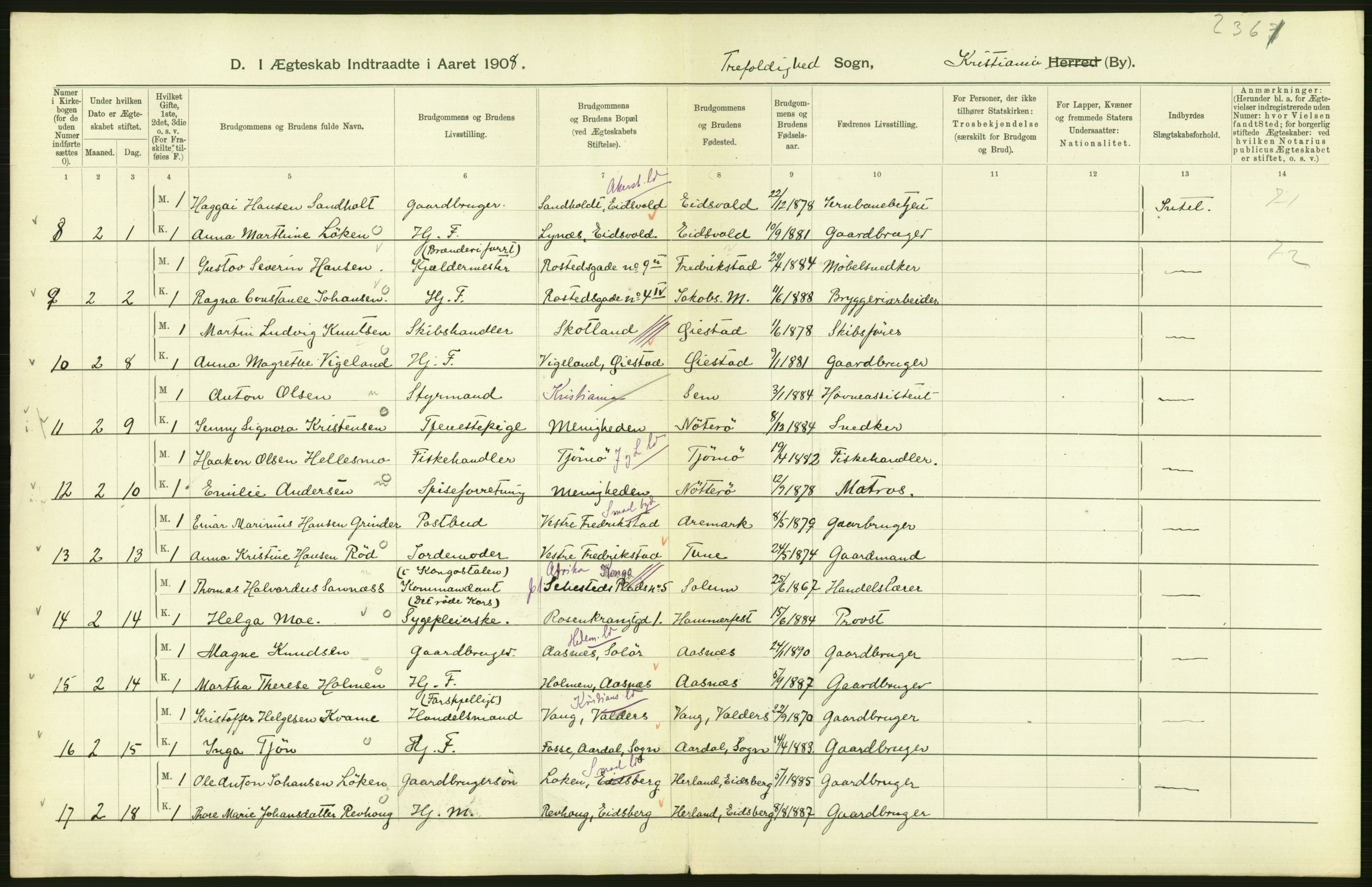 Statistisk sentralbyrå, Sosiodemografiske emner, Befolkning, AV/RA-S-2228/D/Df/Dfa/Dfaf/L0007: Kristiania: Gifte, 1908, p. 402