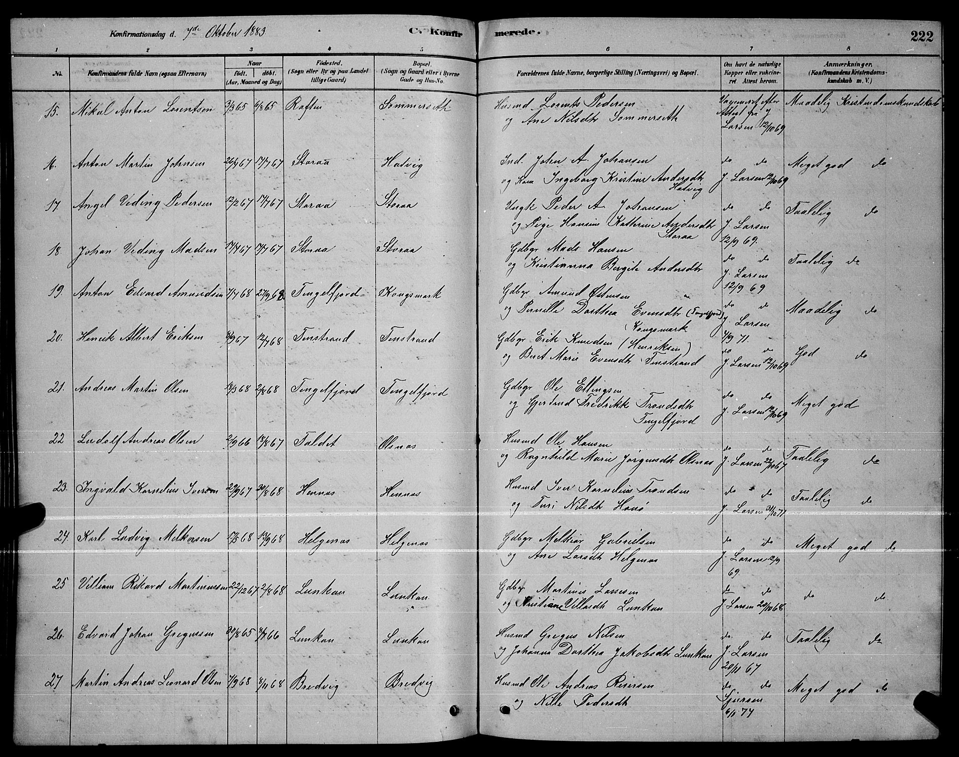 Ministerialprotokoller, klokkerbøker og fødselsregistre - Nordland, AV/SAT-A-1459/888/L1267: Parish register (copy) no. 888C05, 1878-1890, p. 222