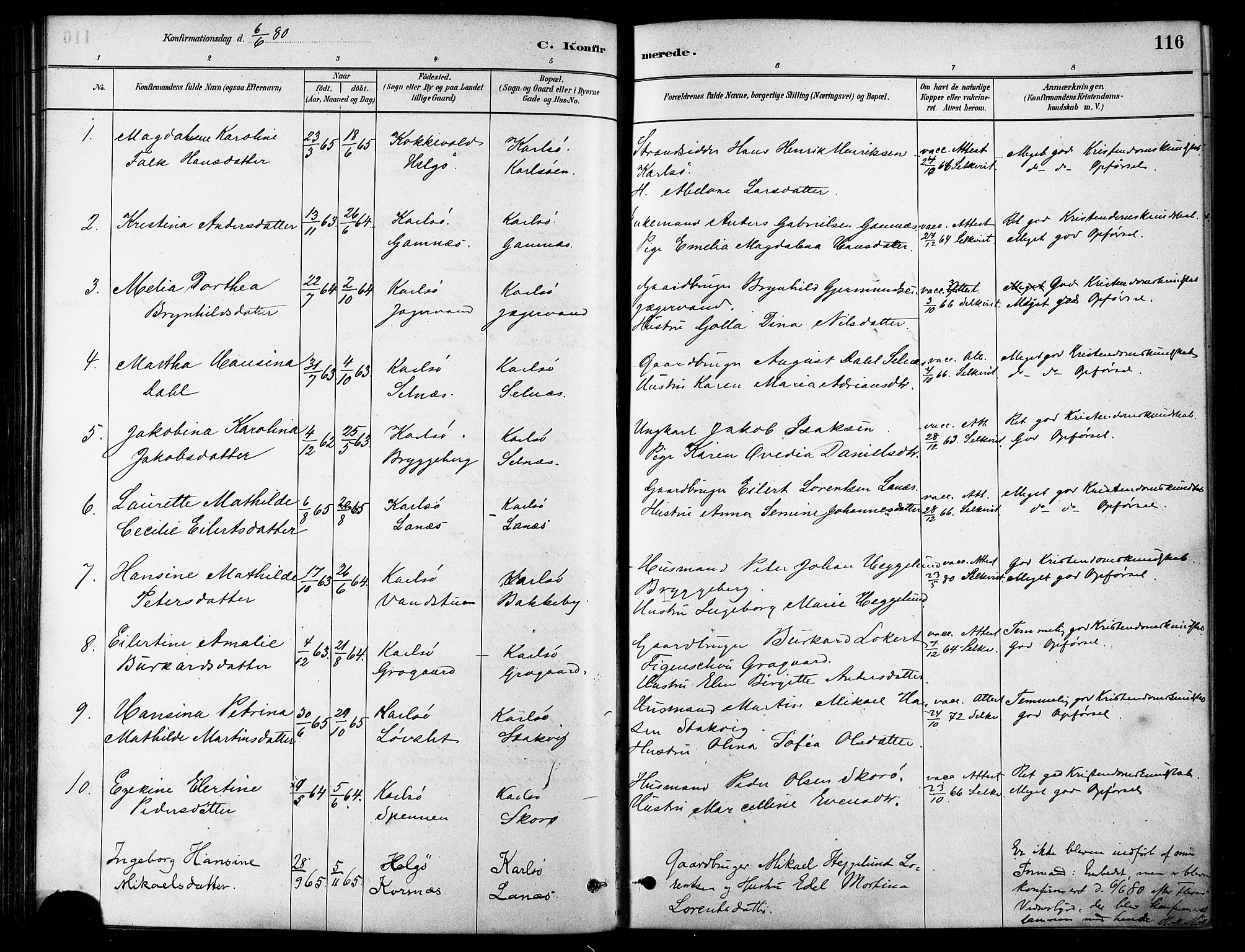 Karlsøy sokneprestembete, SATØ/S-1299/H/Ha/Haa/L0006kirke: Parish register (official) no. 6, 1879-1890, p. 116
