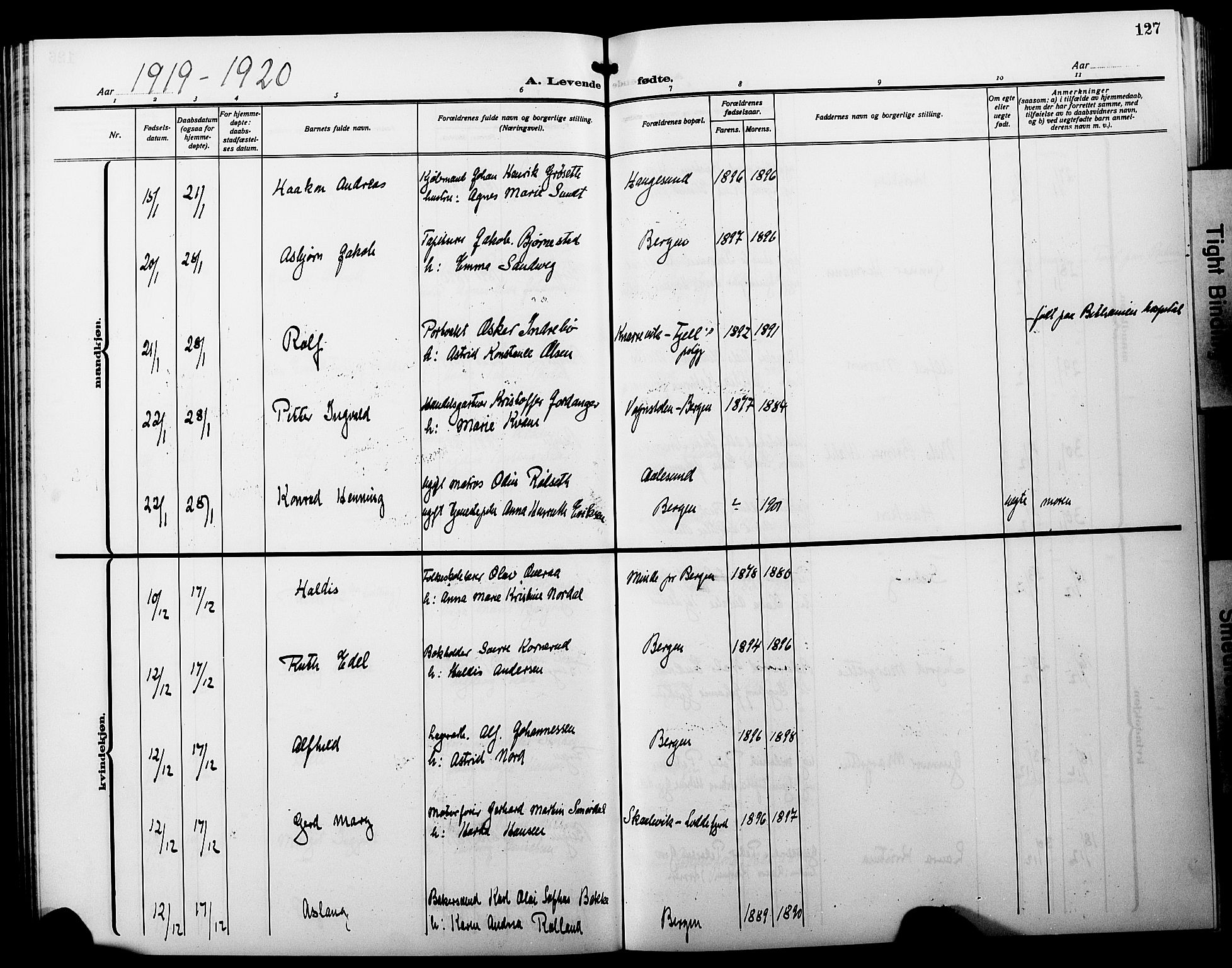 Fødselsstiftelsens sokneprestembete*, SAB/-: Parish register (copy) no. A 3, 1916-1925, p. 127