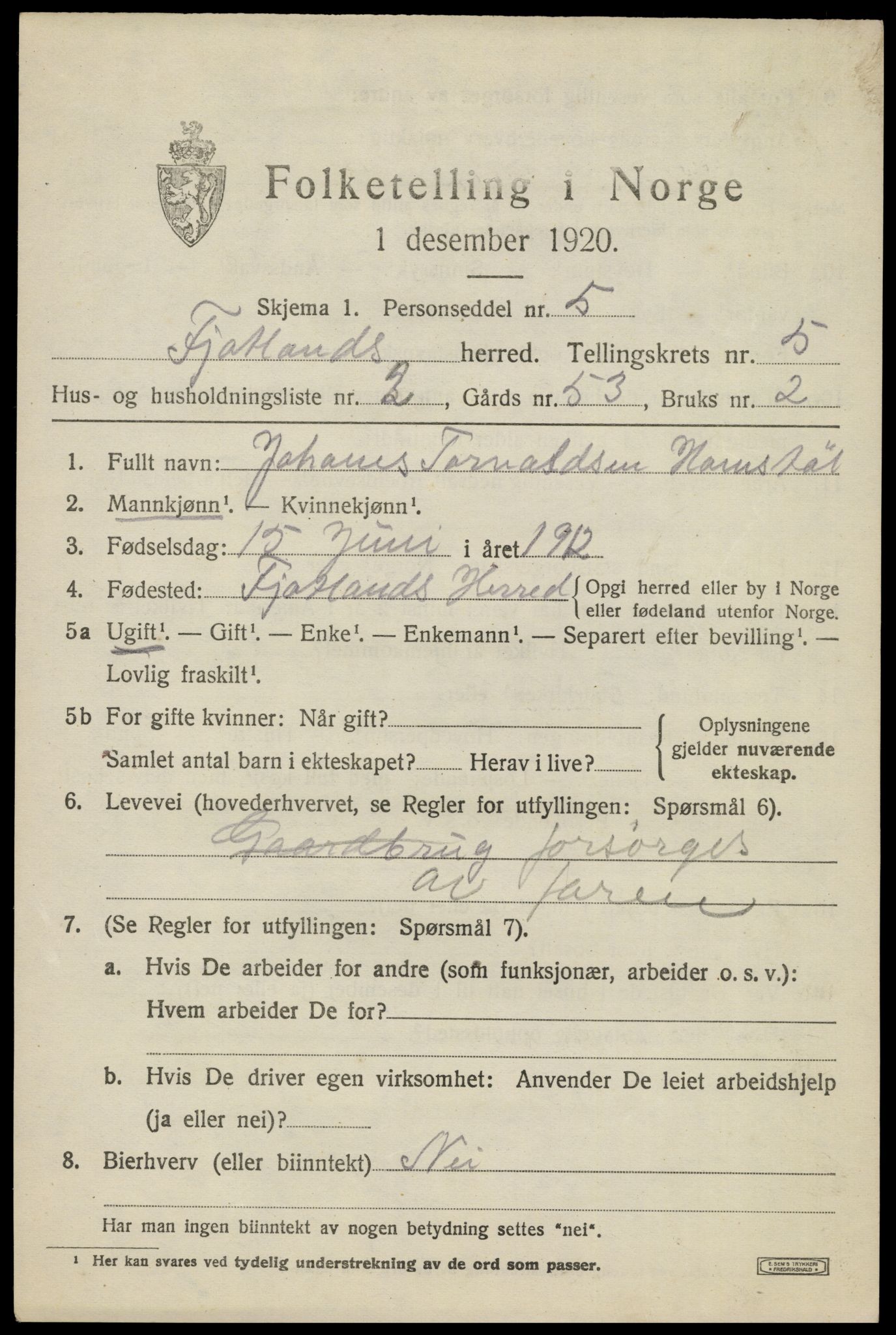 SAK, 1920 census for Fjotland, 1920, p. 1542