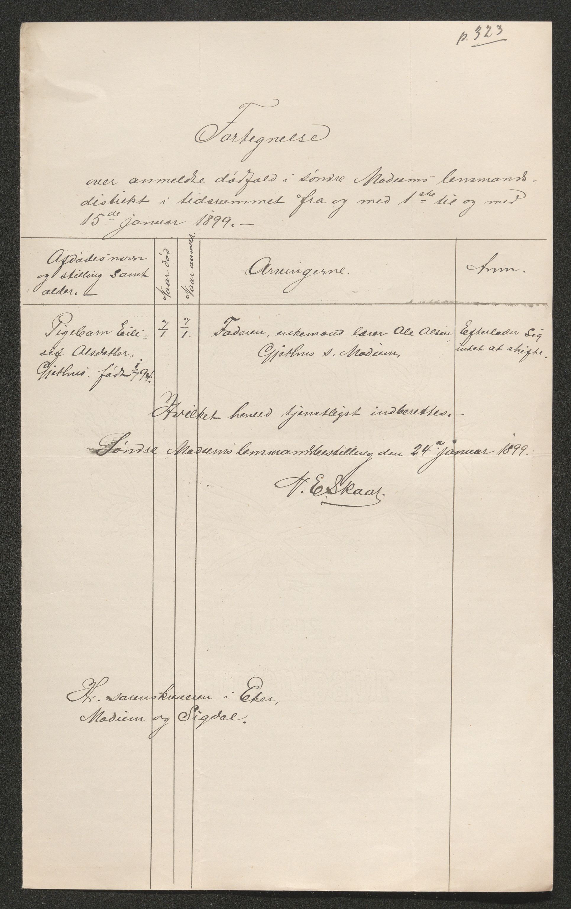 Eiker, Modum og Sigdal sorenskriveri, AV/SAKO-A-123/H/Ha/Hab/L0026: Dødsfallsmeldinger, 1899, p. 254