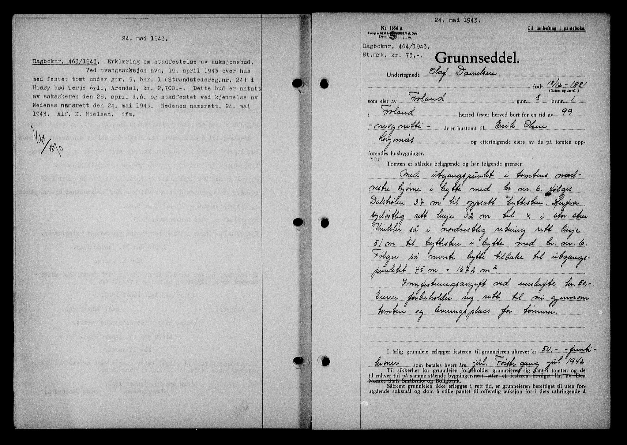Nedenes sorenskriveri, SAK/1221-0006/G/Gb/Gba/L0050: Mortgage book no. A-IV, 1942-1943, Diary no: : 464/1943