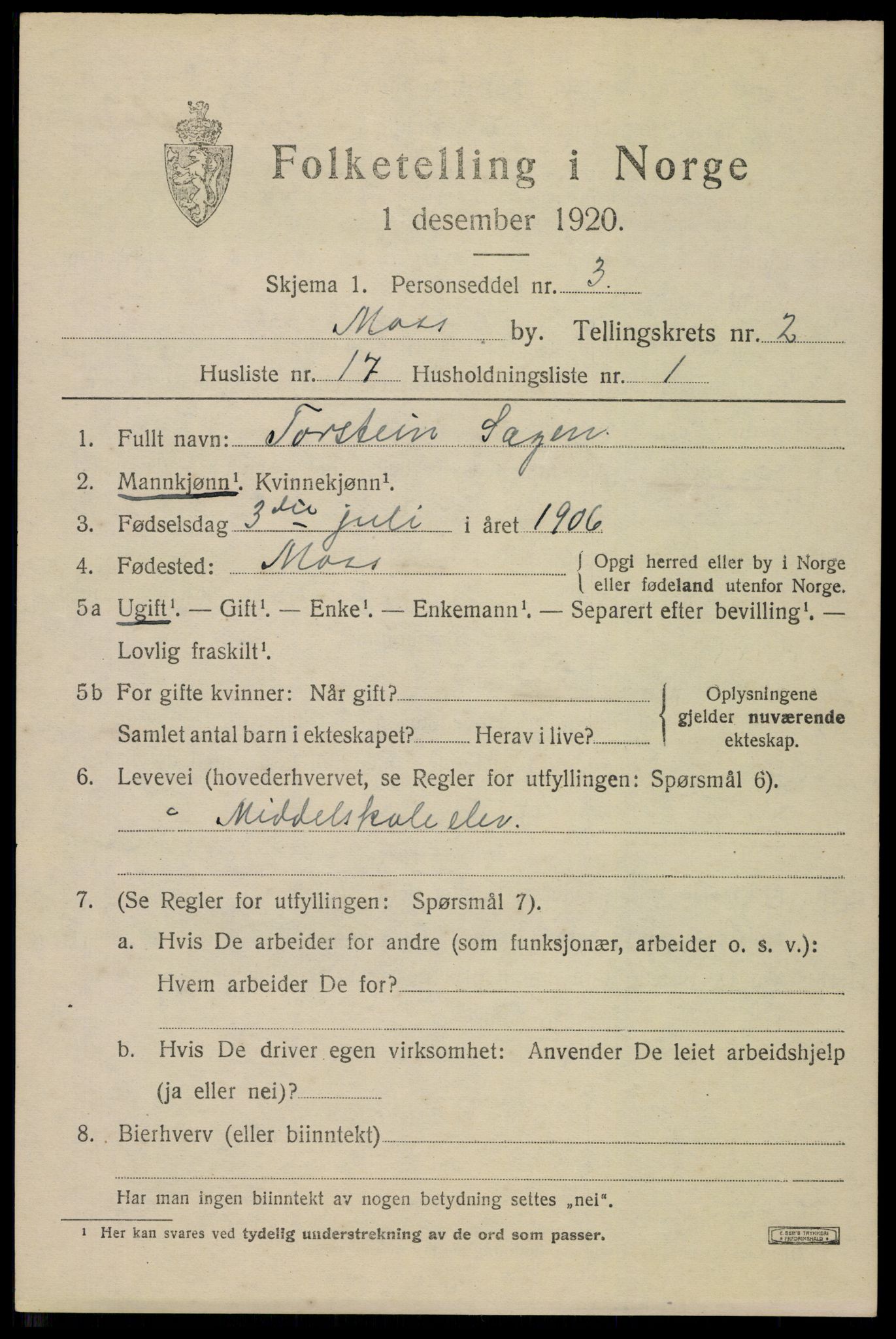 SAO, 1920 census for Moss, 1920, p. 8877