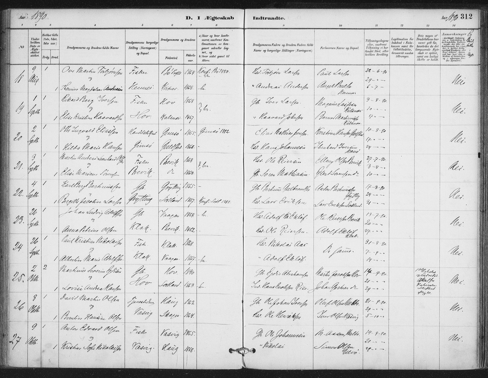 Ministerialprotokoller, klokkerbøker og fødselsregistre - Nordland, AV/SAT-A-1459/888/L1244: Parish register (official) no. 888A10, 1880-1890, p. 312