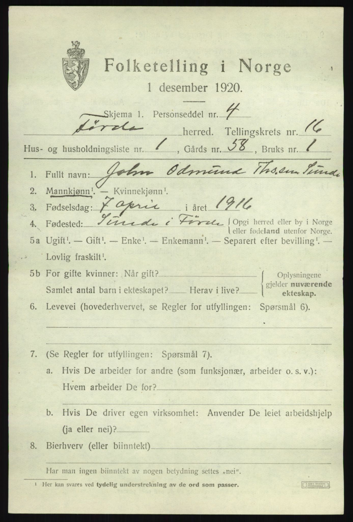 SAB, 1920 census for Førde, 1920, p. 5356