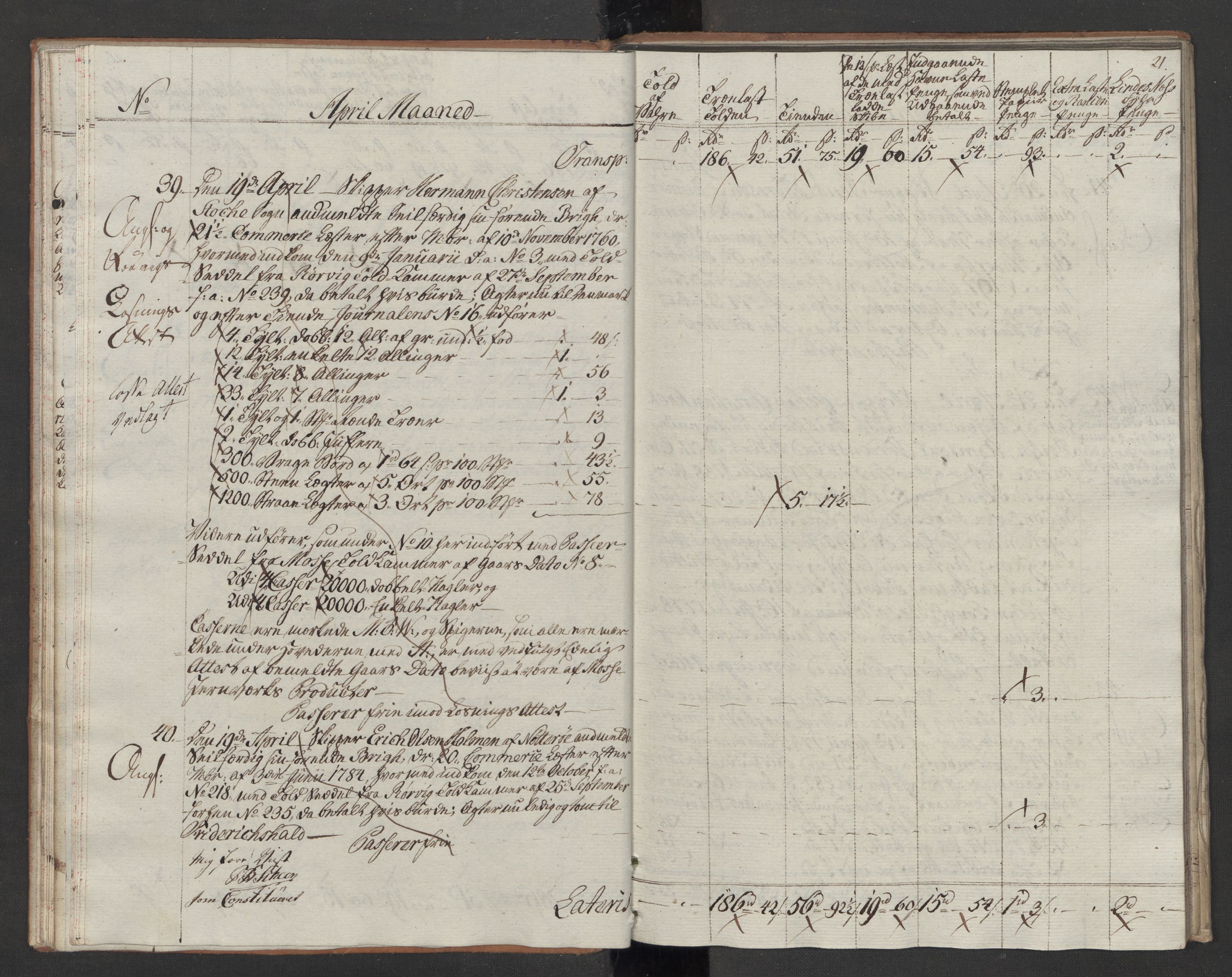 Generaltollkammeret, tollregnskaper, AV/RA-EA-5490/R10/L0054/0002: Tollregnskaper Tønsberg / Utgående tollbok, 1790-1792, p. 20b-21a