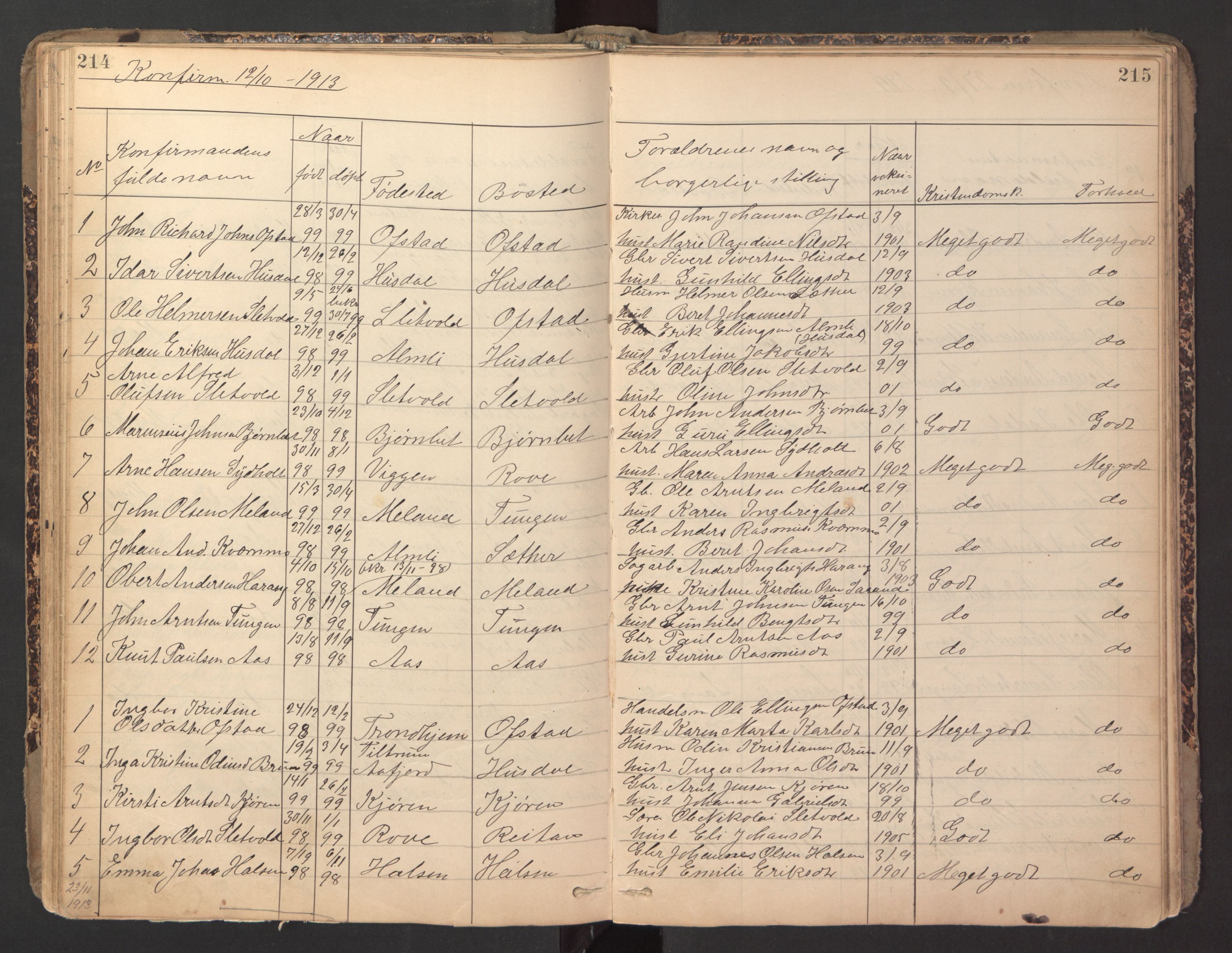 Ministerialprotokoller, klokkerbøker og fødselsregistre - Sør-Trøndelag, SAT/A-1456/670/L0837: Parish register (copy) no. 670C01, 1905-1946, p. 214-215