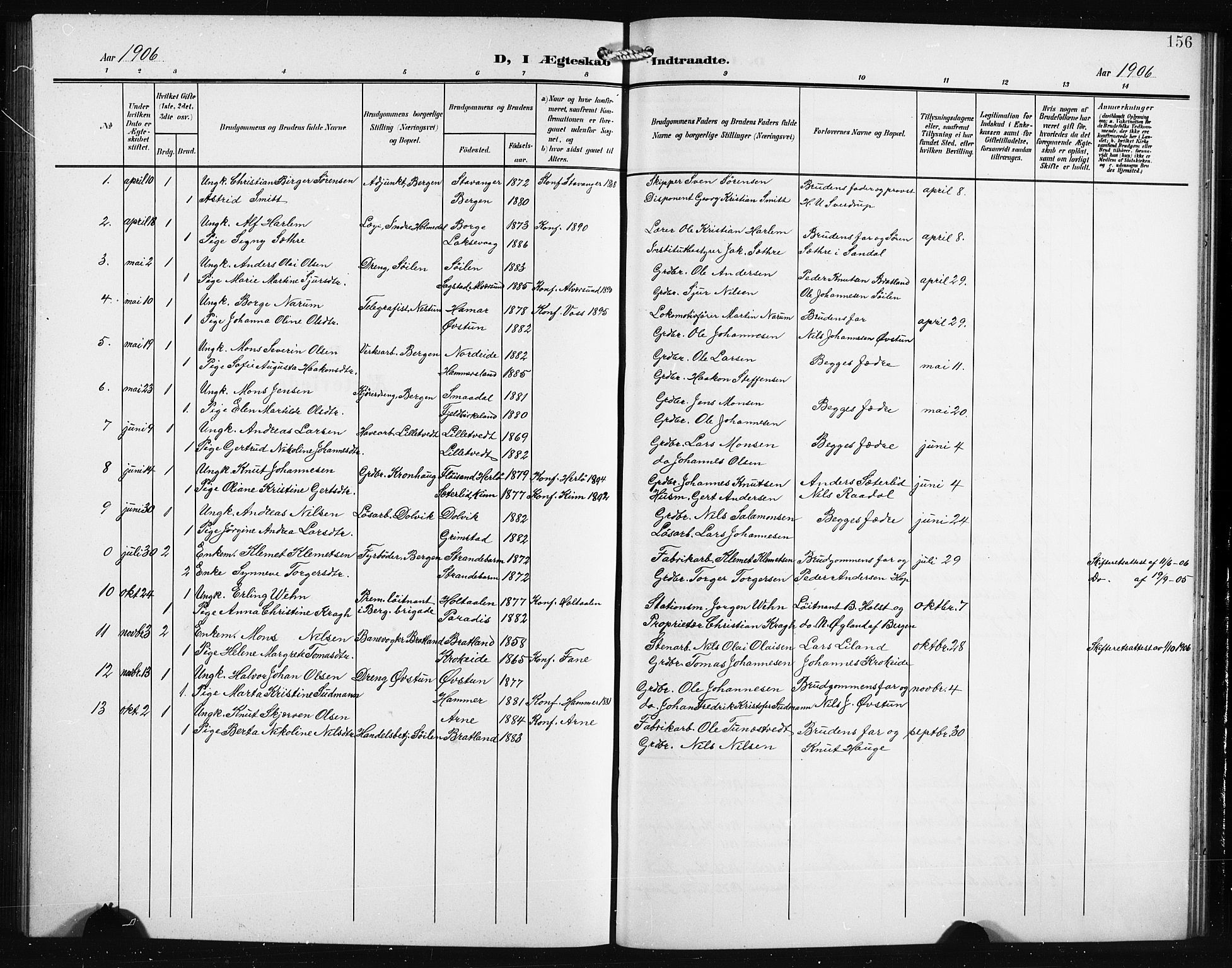 Birkeland Sokneprestembete, SAB/A-74601/H/Hab: Parish register (copy) no. A 6, 1906-1915, p. 156