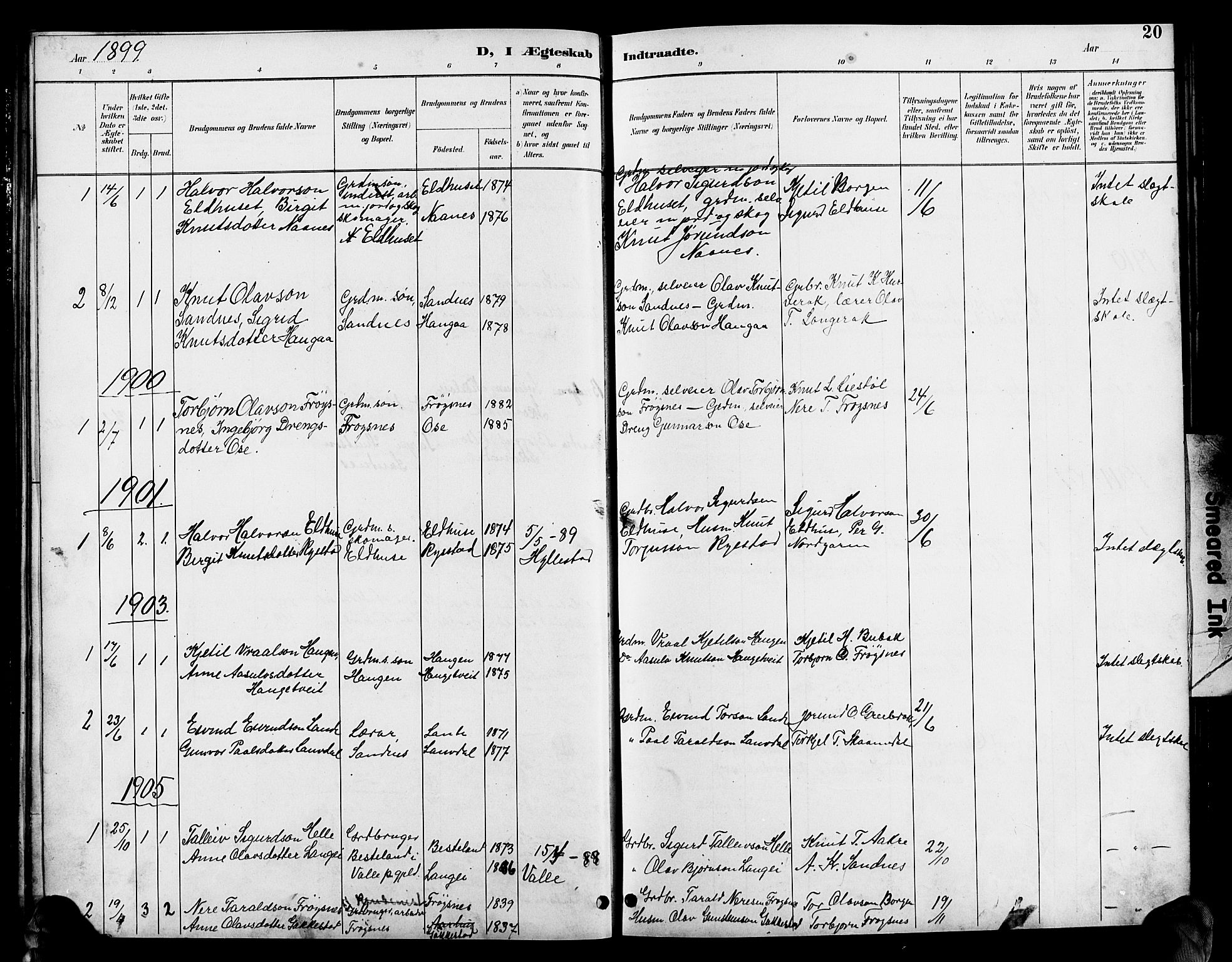 Bygland sokneprestkontor, SAK/1111-0006/F/Fb/Fbc/L0002: Parish register (copy) no. B 2, 1895-1916, p. 20