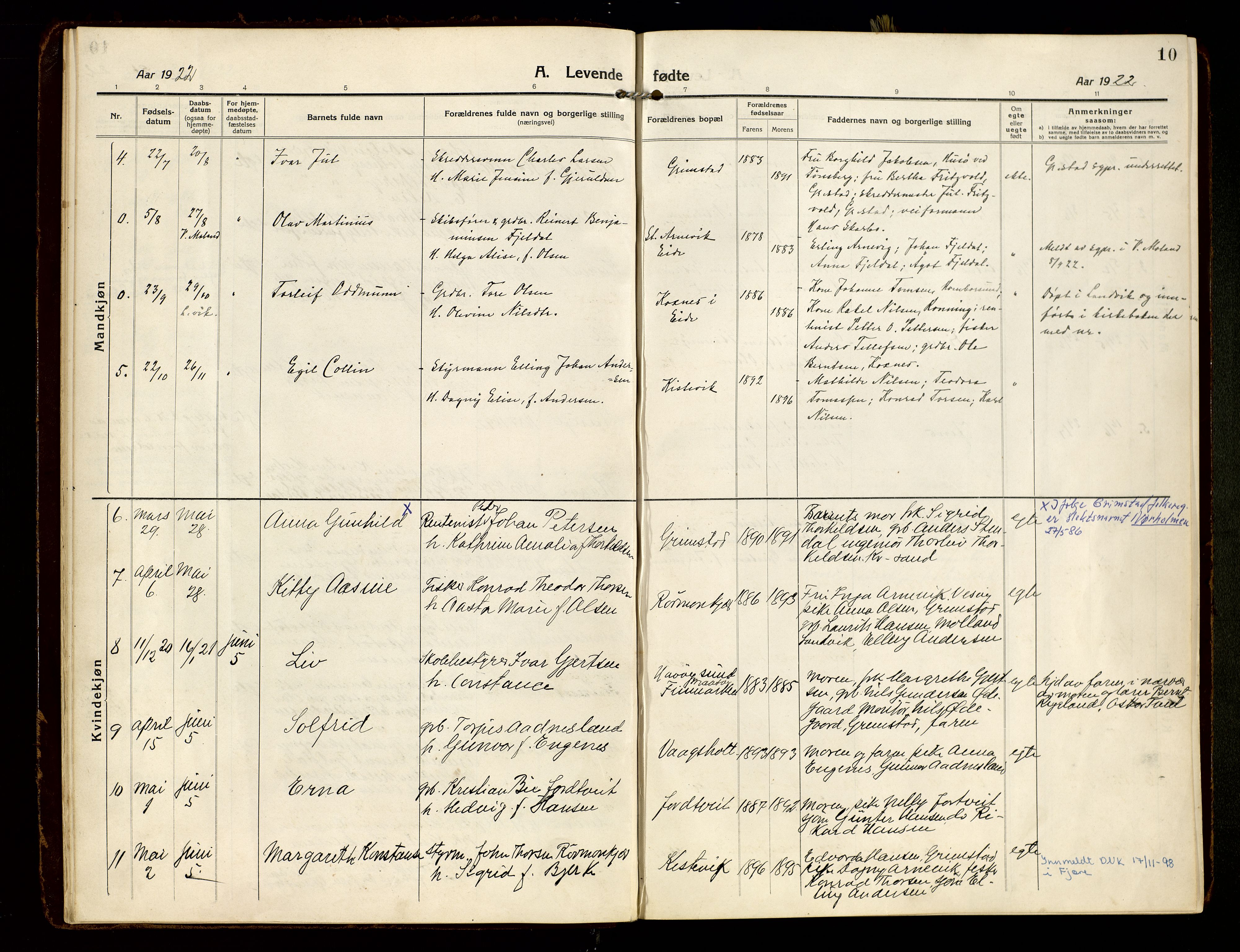 Hommedal sokneprestkontor, SAK/1111-0023/F/Fa/Faa/L0004: Parish register (official) no. A 4, 1916-1945, p. 10