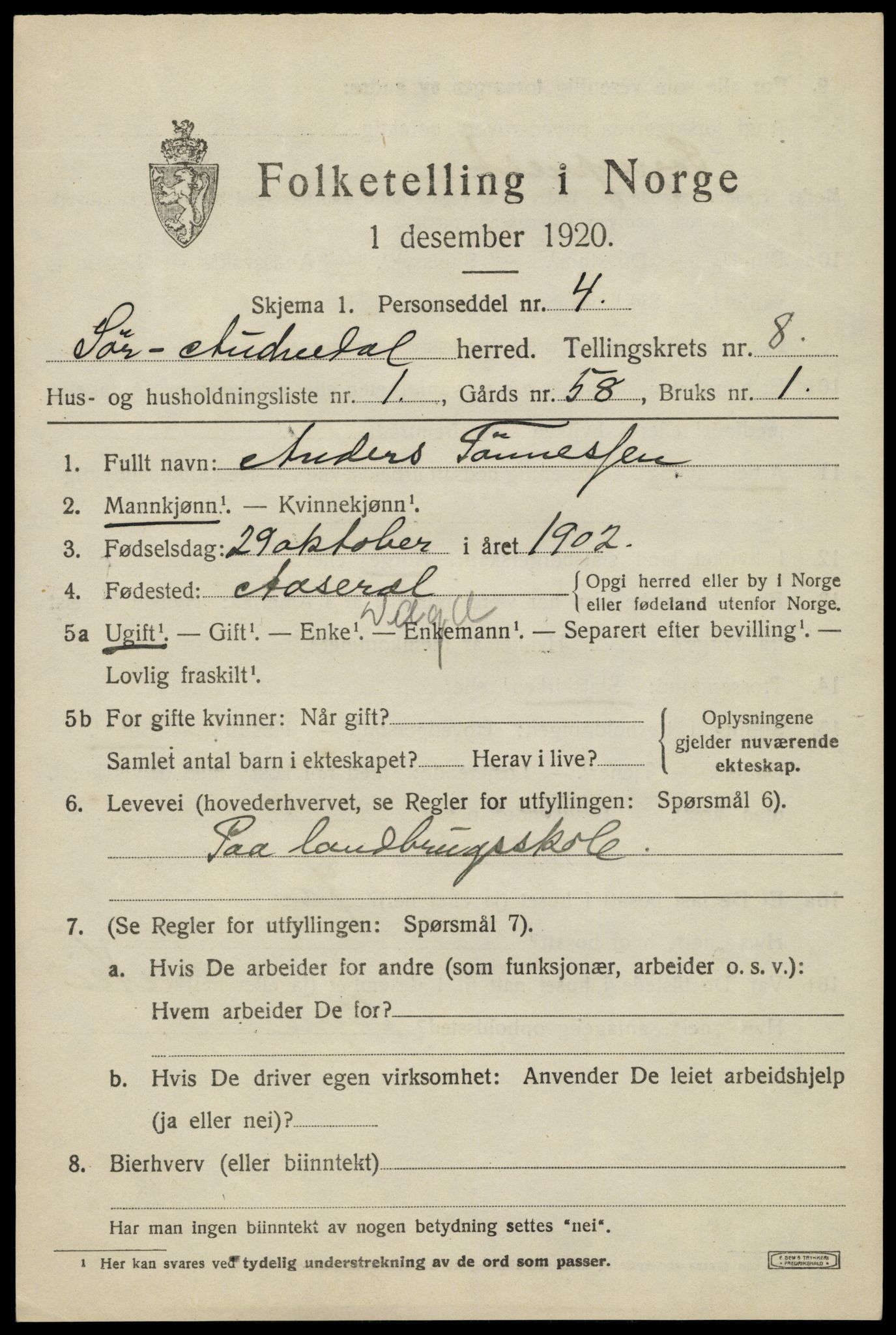 SAK, 1920 census for Sør-Audnedal, 1920, p. 3185