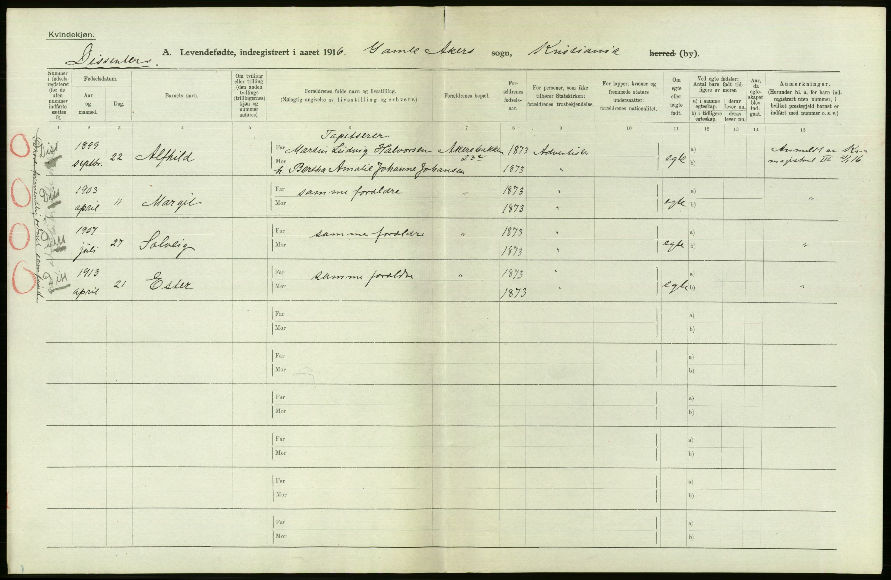 Statistisk sentralbyrå, Sosiodemografiske emner, Befolkning, RA/S-2228/D/Df/Dfb/Dfbf/L0006: Kristiania: Levendefødte menn og kvinner., 1916, p. 394