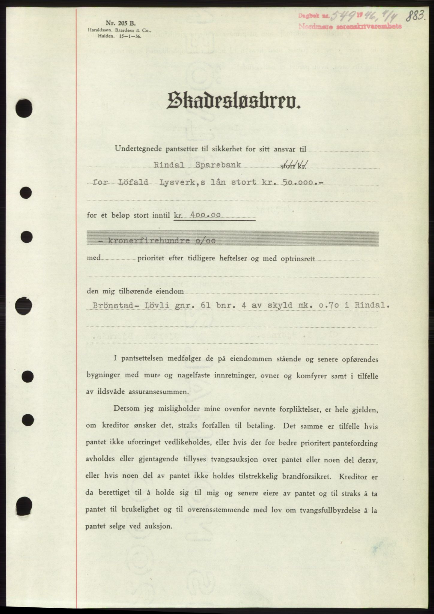 Nordmøre sorenskriveri, AV/SAT-A-4132/1/2/2Ca: Mortgage book no. B93b, 1946-1946, Diary no: : 549/1946