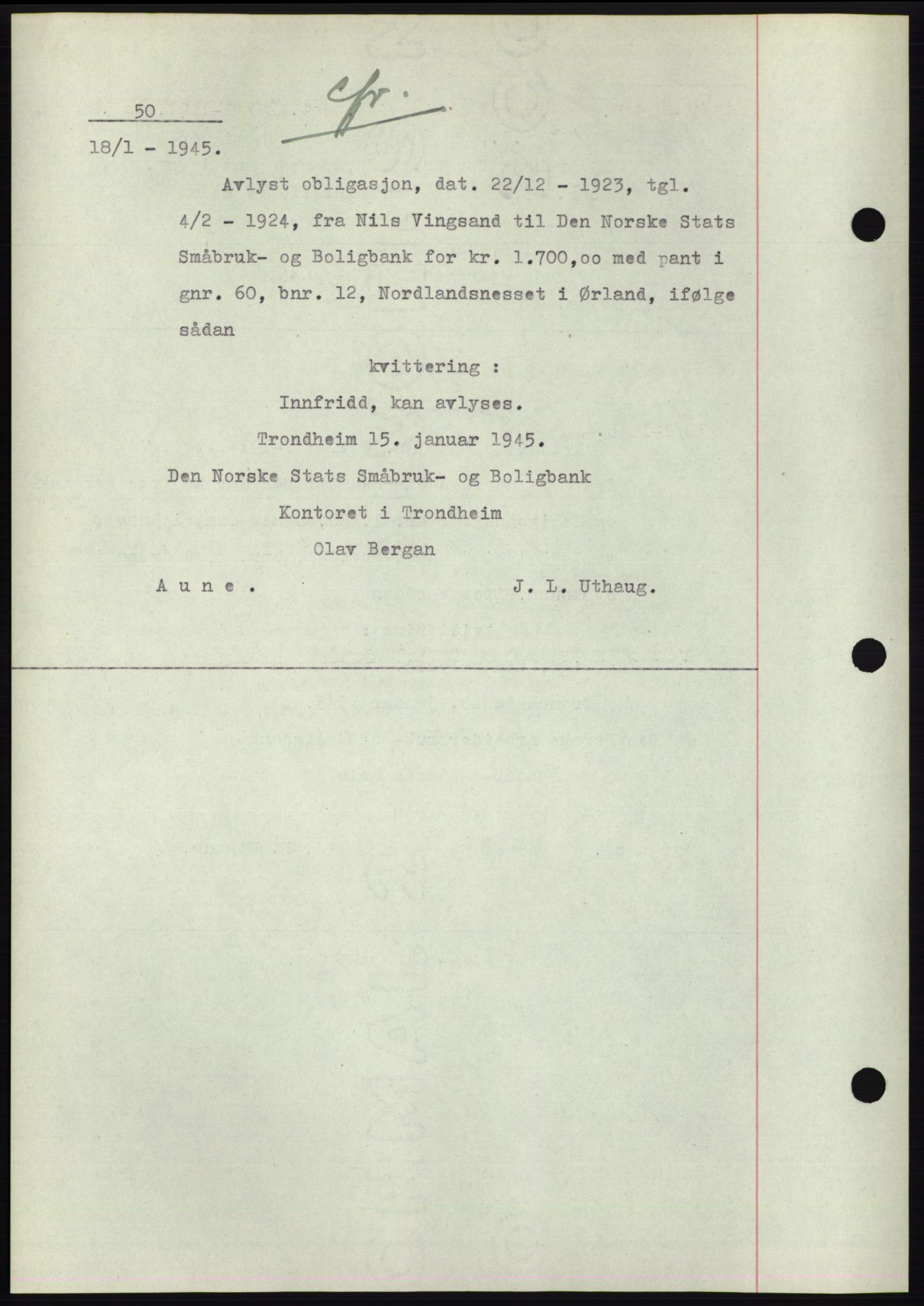 Fosen sorenskriveri, AV/SAT-A-1107/1/2/2C: Mortgage book no. B1, 1943-1946, Diary no: : 50/1945