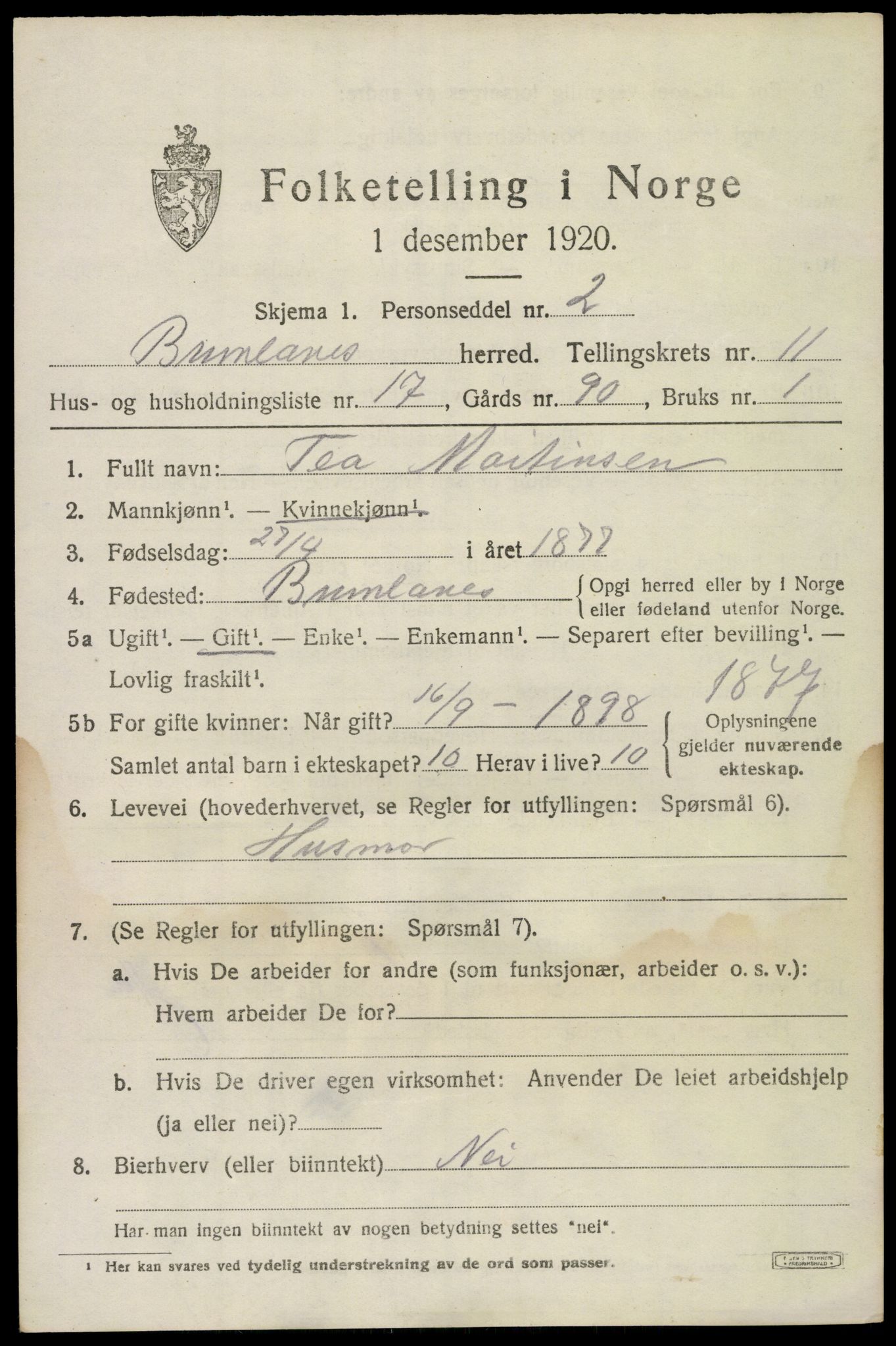 SAKO, 1920 census for Brunlanes, 1920, p. 9719