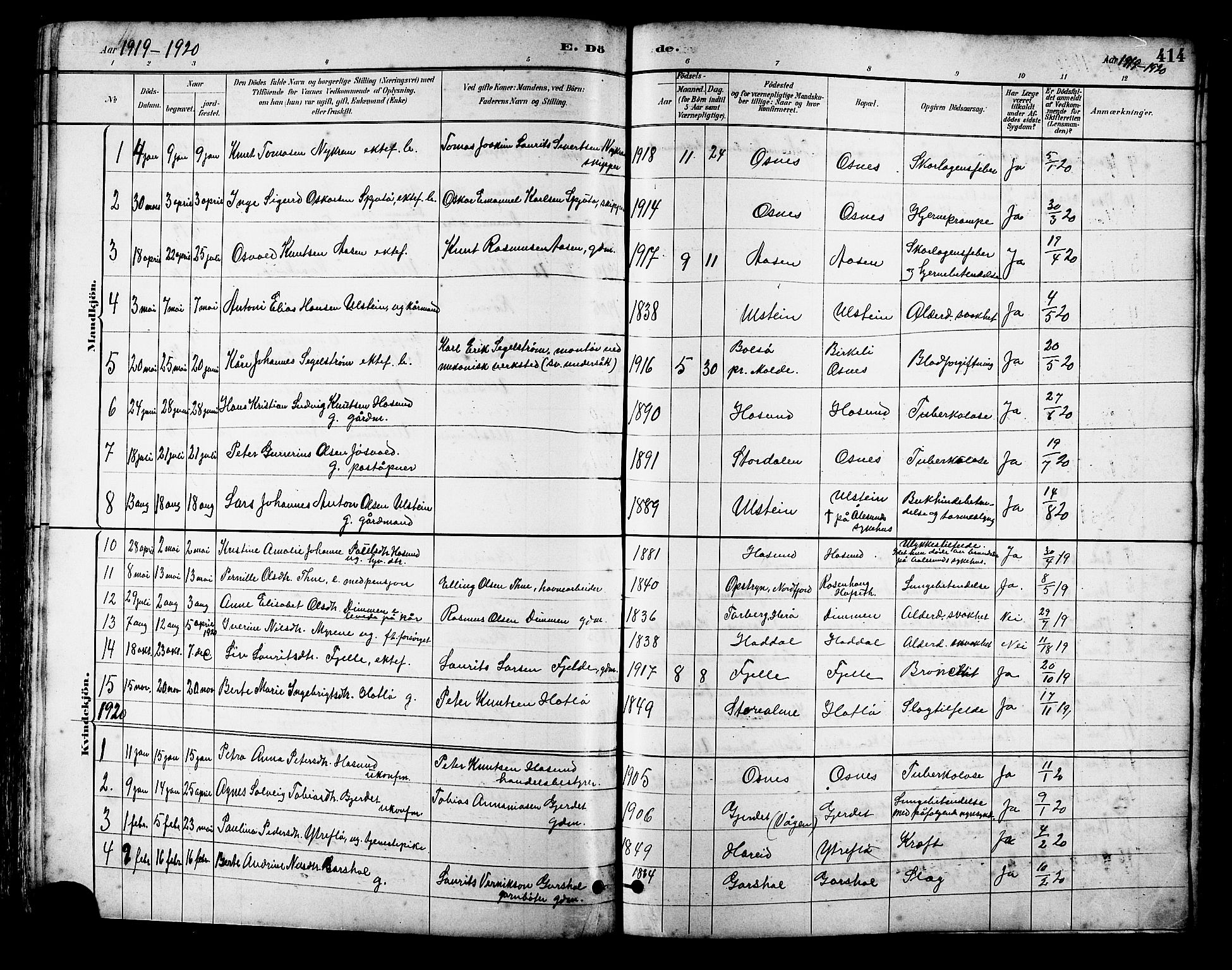 Ministerialprotokoller, klokkerbøker og fødselsregistre - Møre og Romsdal, SAT/A-1454/509/L0112: Parish register (copy) no. 509C02, 1883-1922, p. 414