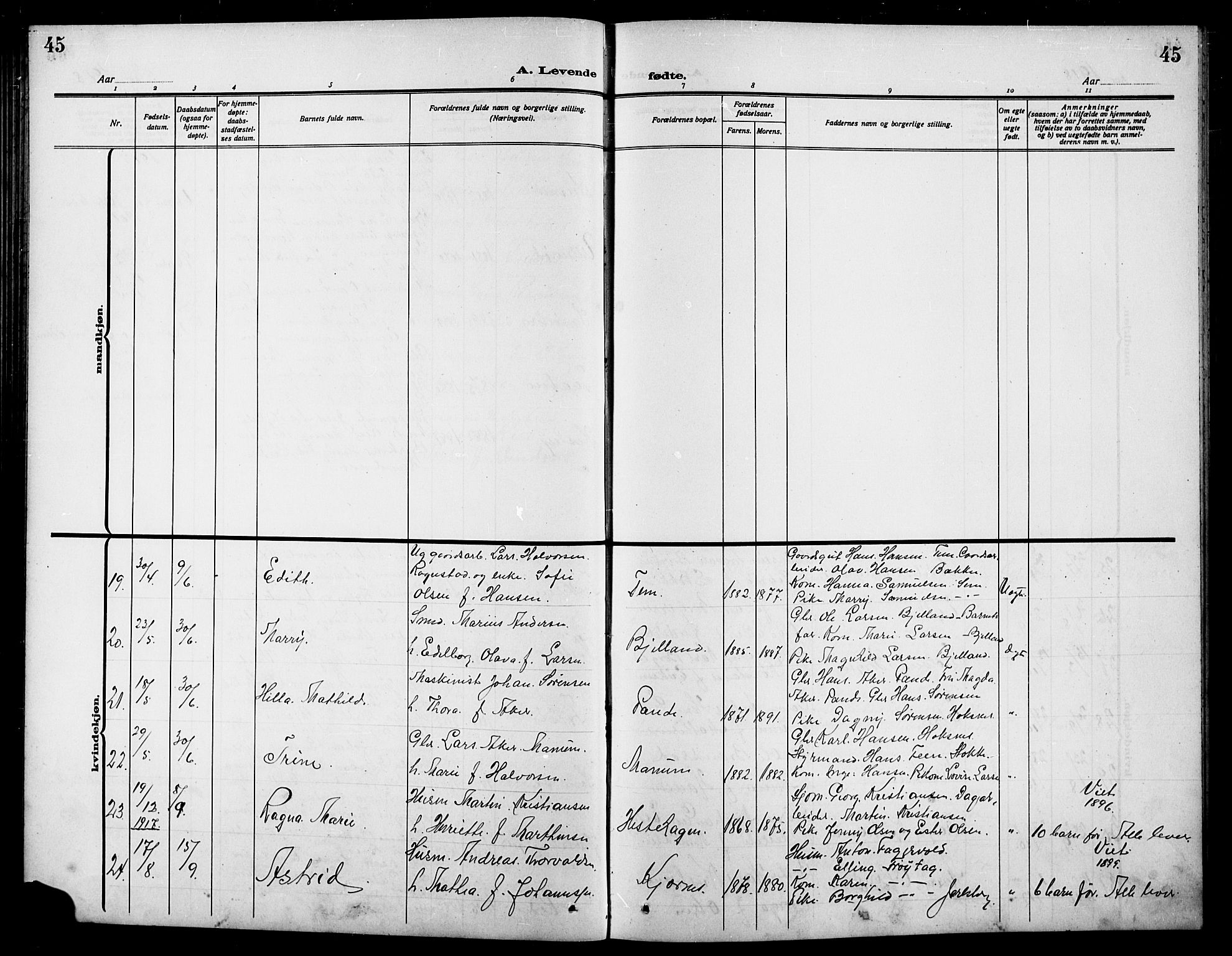 Sem kirkebøker, AV/SAKO-A-5/G/Ga/L0007: Parish register (copy) no. I 7, 1909-1924, p. 45