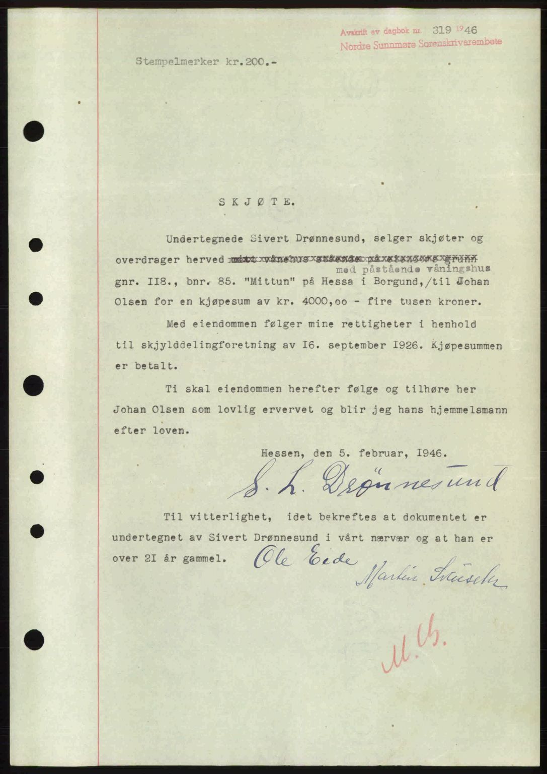 Nordre Sunnmøre sorenskriveri, AV/SAT-A-0006/1/2/2C/2Ca: Mortgage book no. A20b, 1946-1946, Diary no: : 319/1946