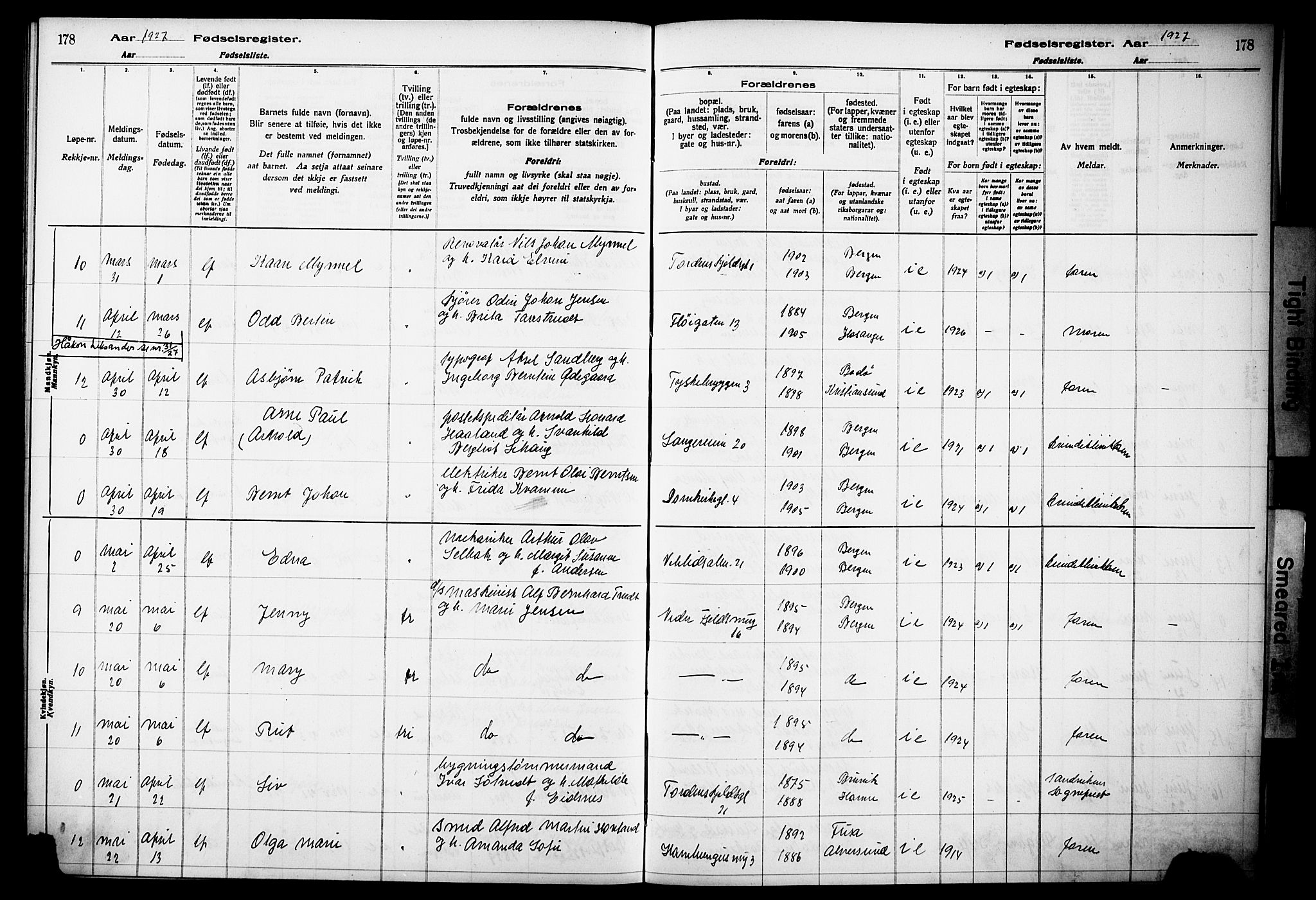 Korskirken sokneprestembete, AV/SAB-A-76101/I/Id/L00A1: Birth register no. A 1, 1916-1929, p. 178