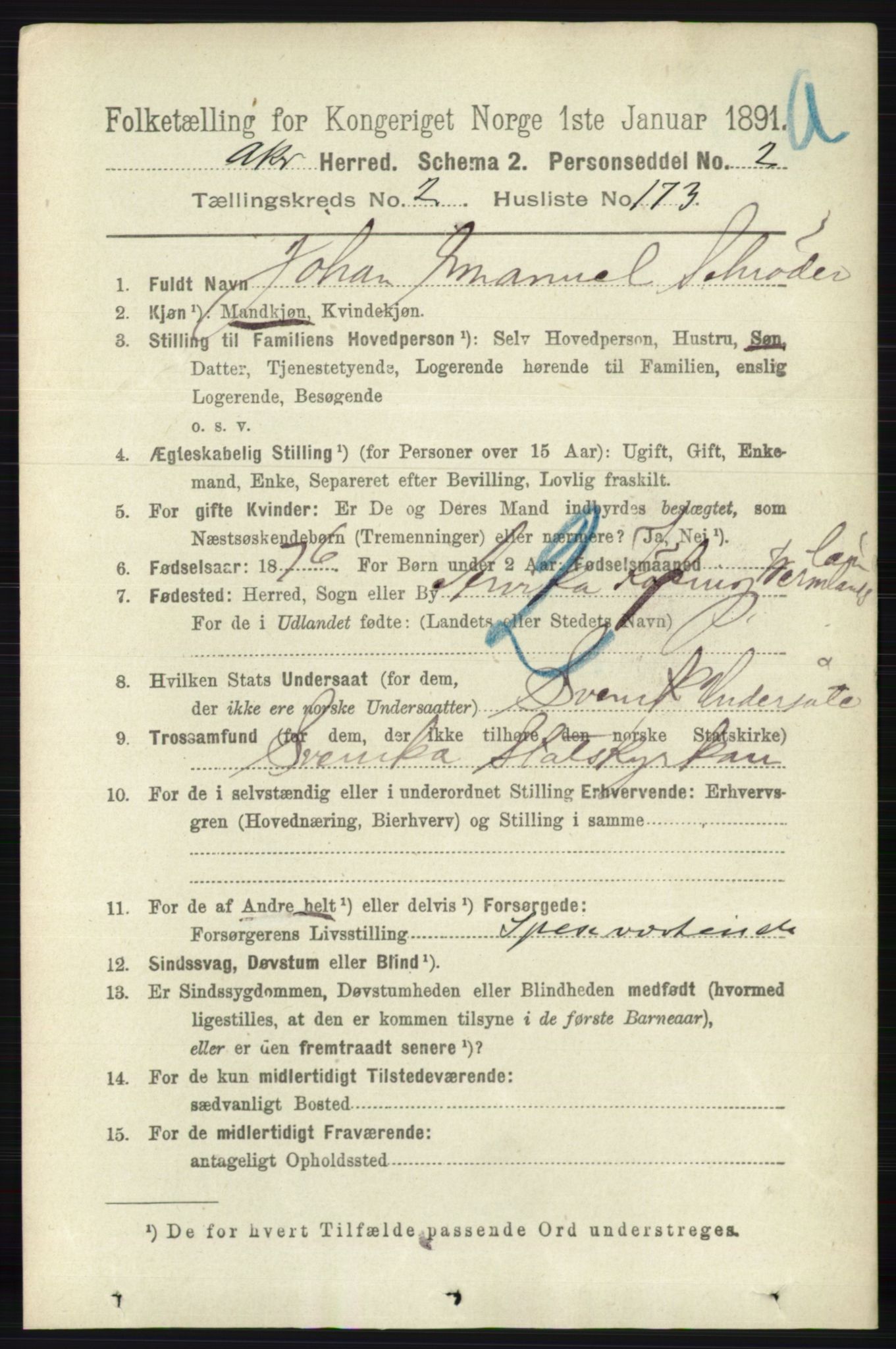 RA, 1891 census for 0218 Aker, 1891, p. 2822